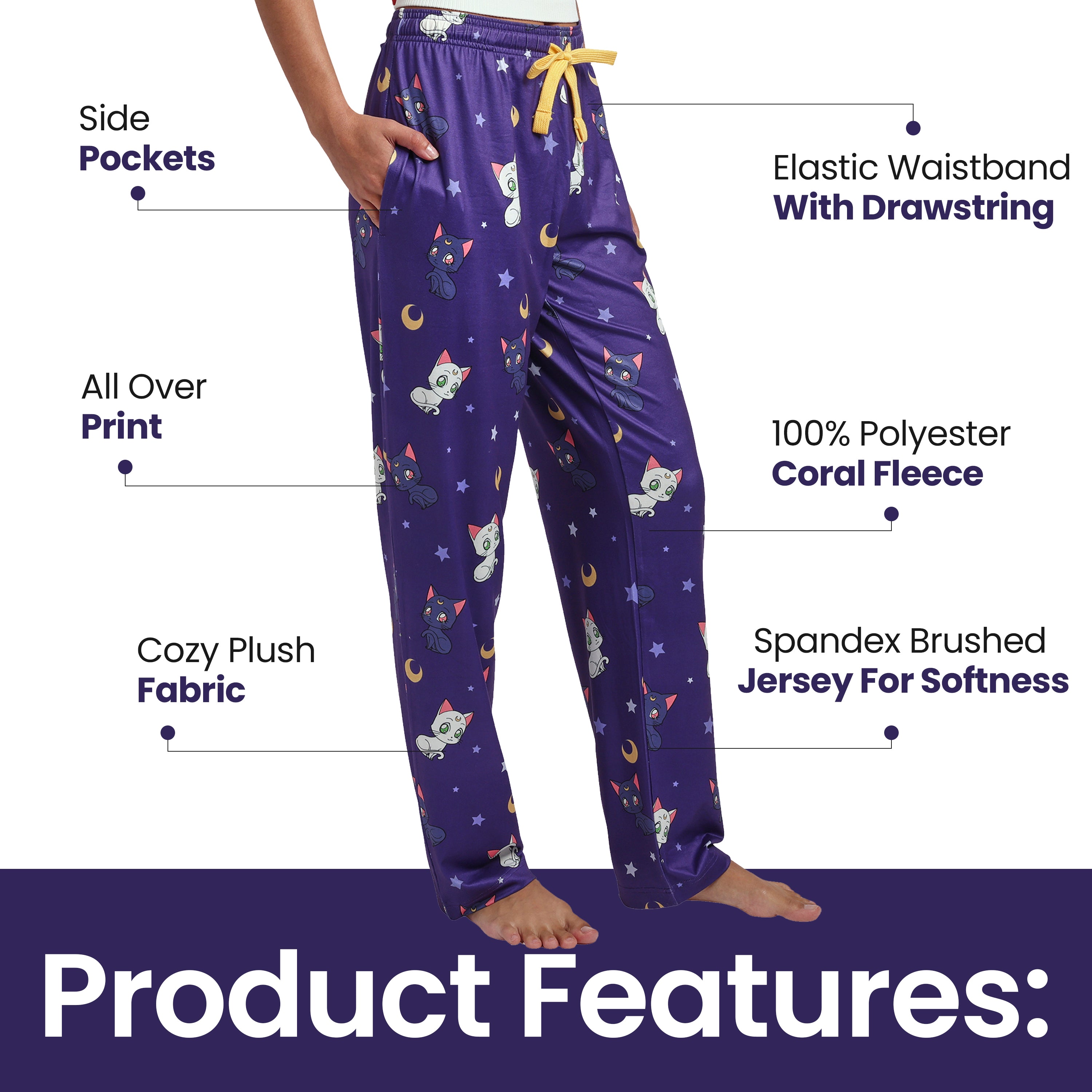 Sailor Moon Artemis & Luna All-Over Print Women's Purple Quick Turn Sleep Pajama Pants