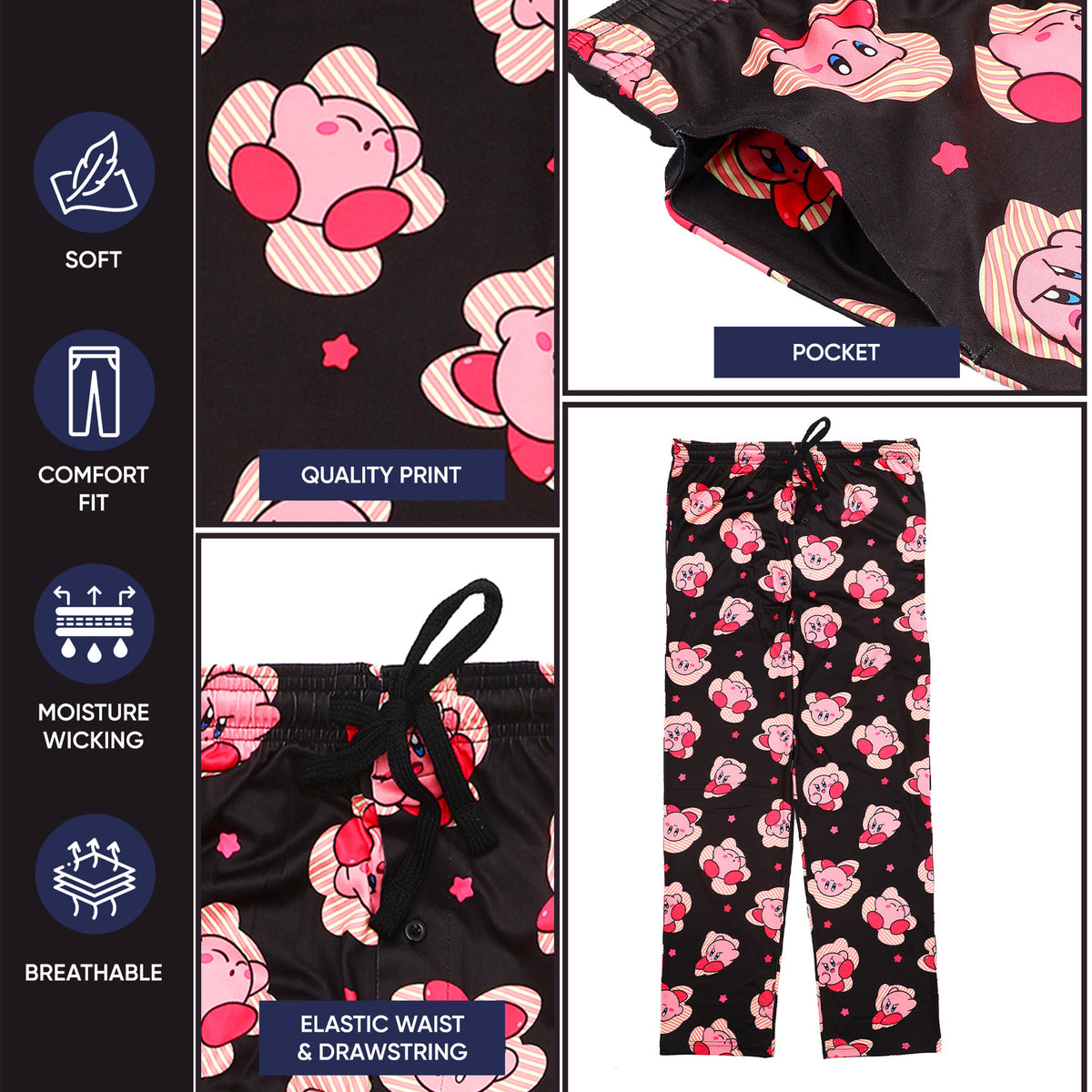 Kirby Character Poses and Stars Men's Black Sleep Pajama Pants