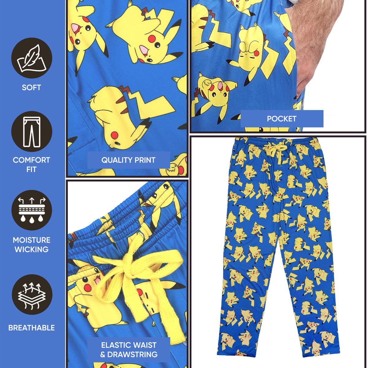 Pokemon Happy Pikachu Men's Blue Sleep Pajama Pants