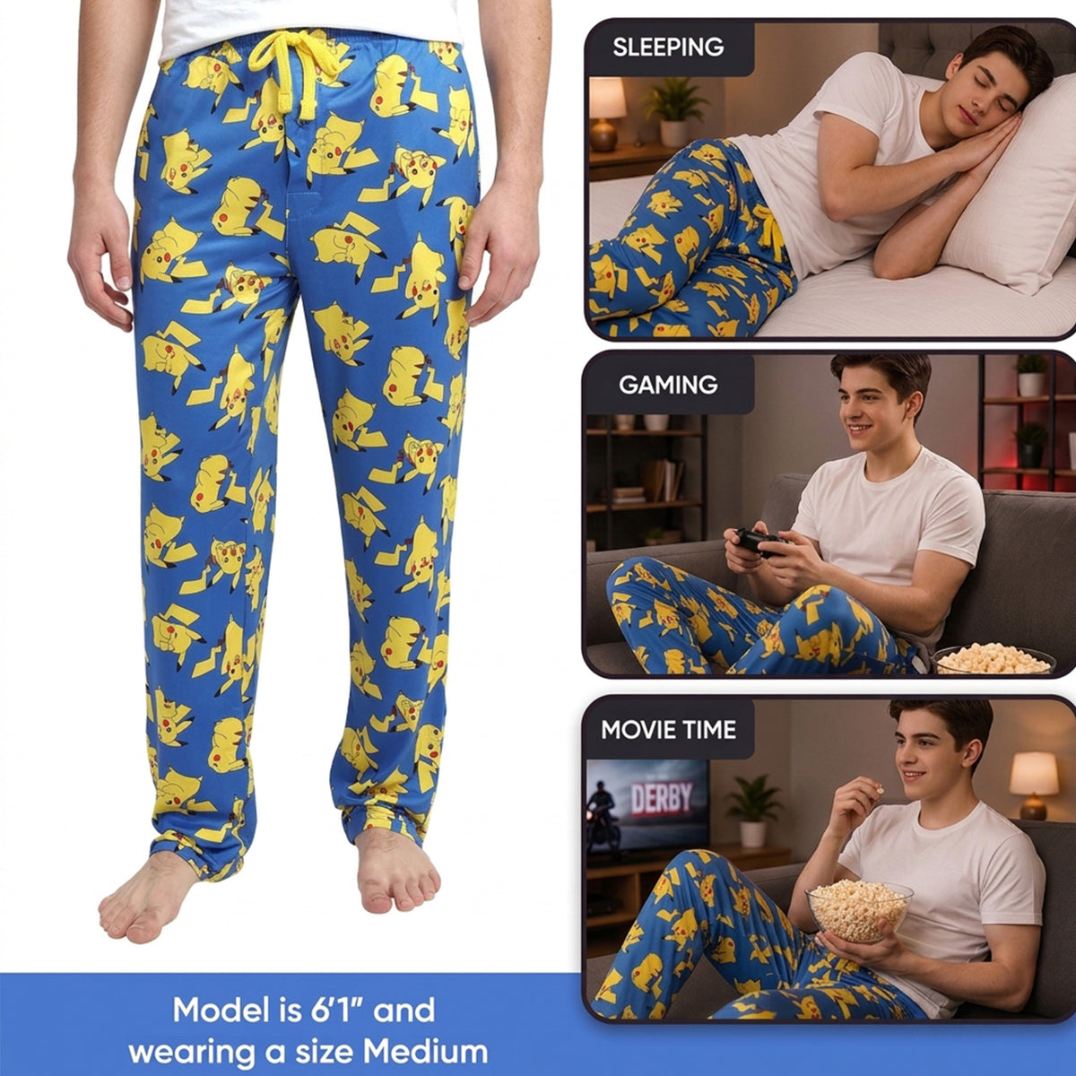 Pokemon Happy Pikachu Men's Blue Sleep Pajama Pants