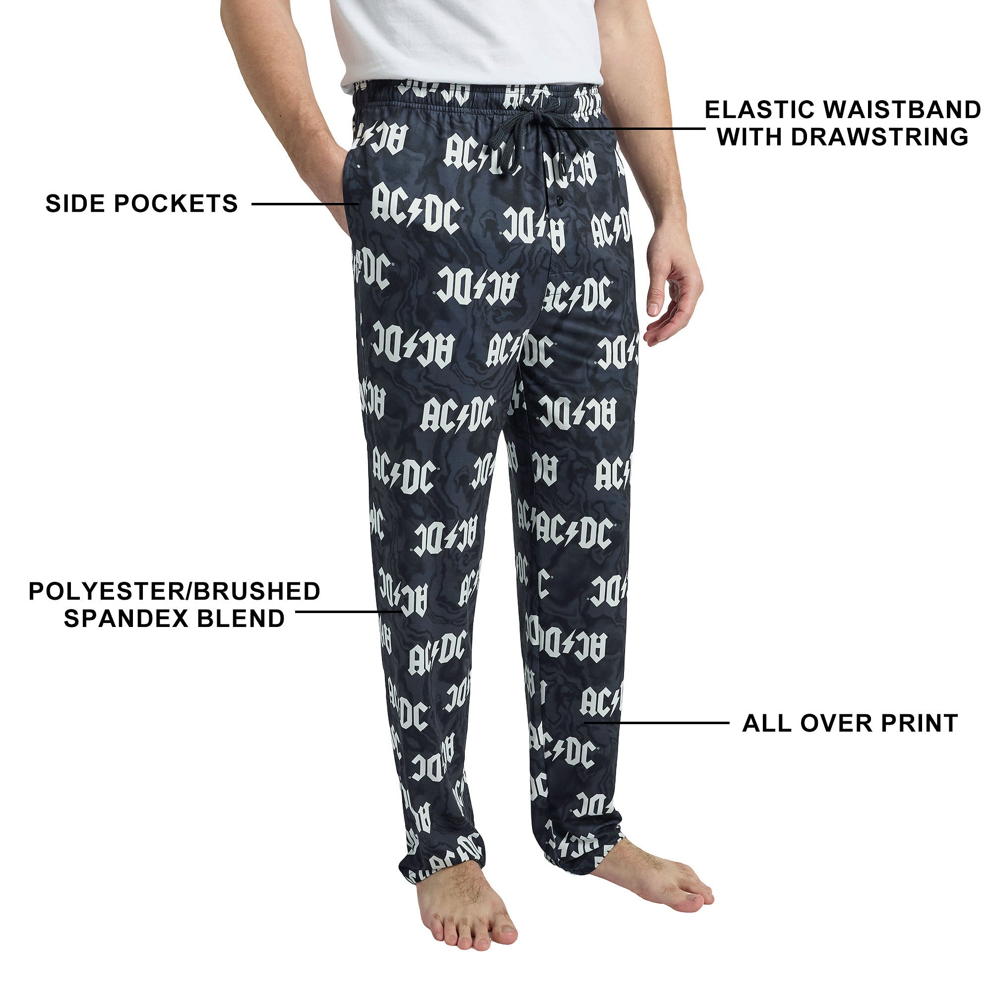 AC/DC Lightning Bolt Logo All-Over Print Men's Black Sleep Pajama Pants