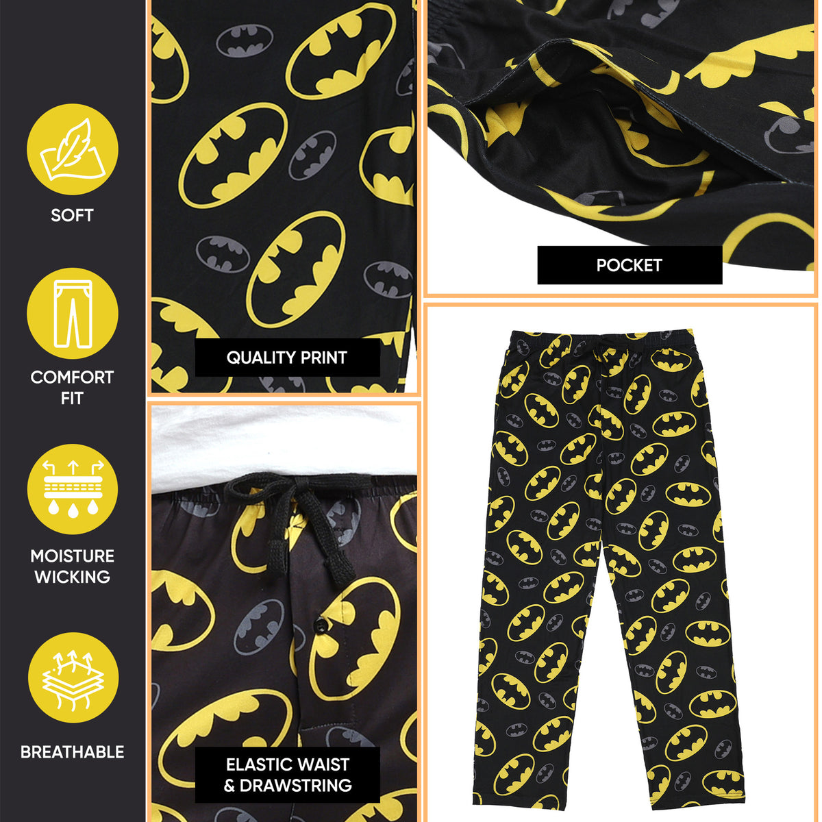 Men's Adult Batman Black Sleep Pants - Gotham Knight Comfort for Superhero Fans