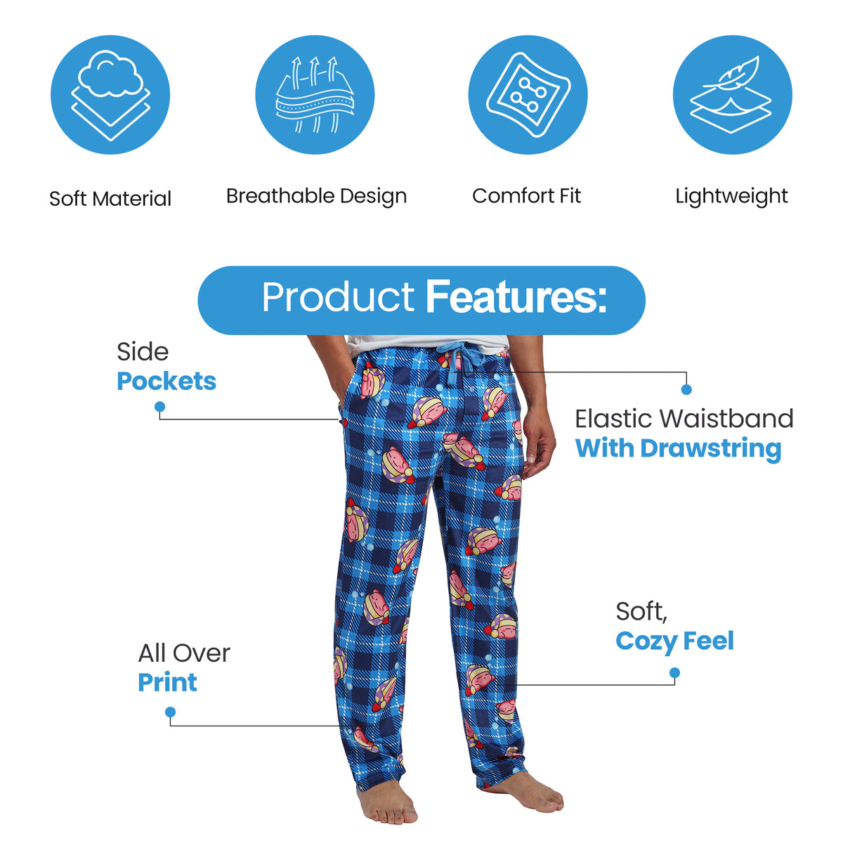 Kirby All-Over Print Men's Lightweight Plush Minkey Fleece Sleep Pajama Pants