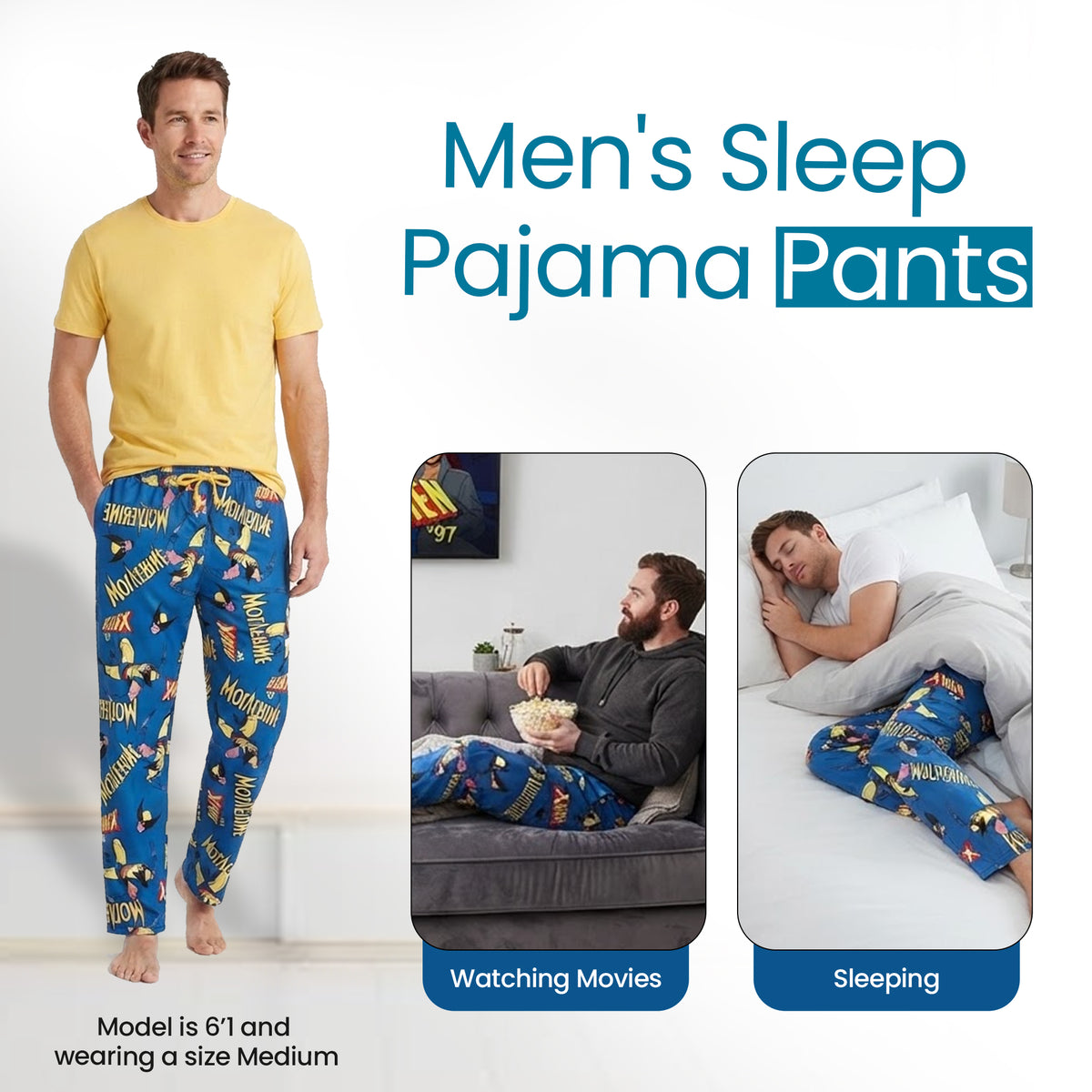X-Men Wolverine All-Over Print Men's Blue Sleep Pajama Pants