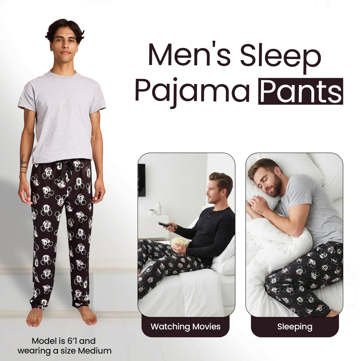 Disney Mickey Mouse Character Heads All-Over Print Men's Black Sleep Pajama Pants
