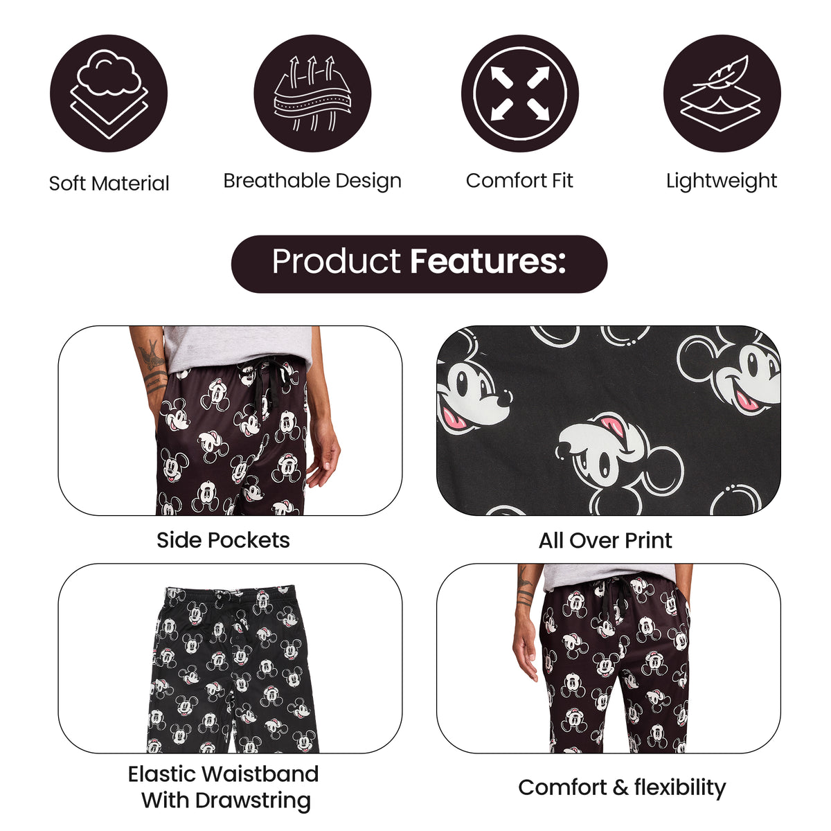 Disney Mickey Mouse Character Heads All-Over Print Men's Black Sleep Pajama Pants