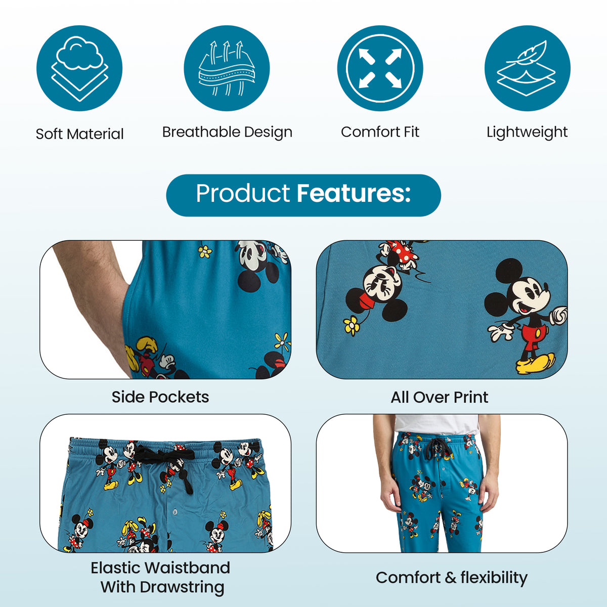 Disney Classic Mickey Mouse Minnie Mouse Men's All-Over Print Sleep Pajama Pants