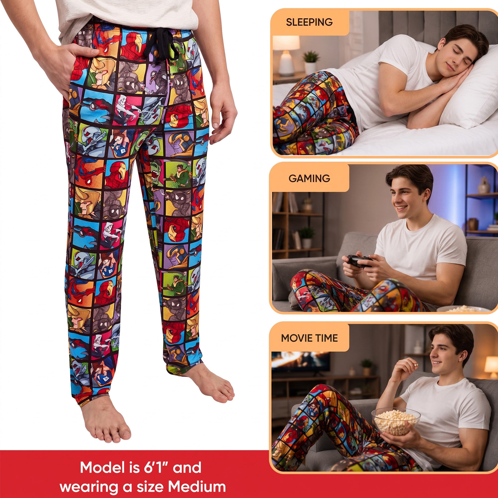 Marvel Superhero Squares Men's Black Sleep Pajama Pants