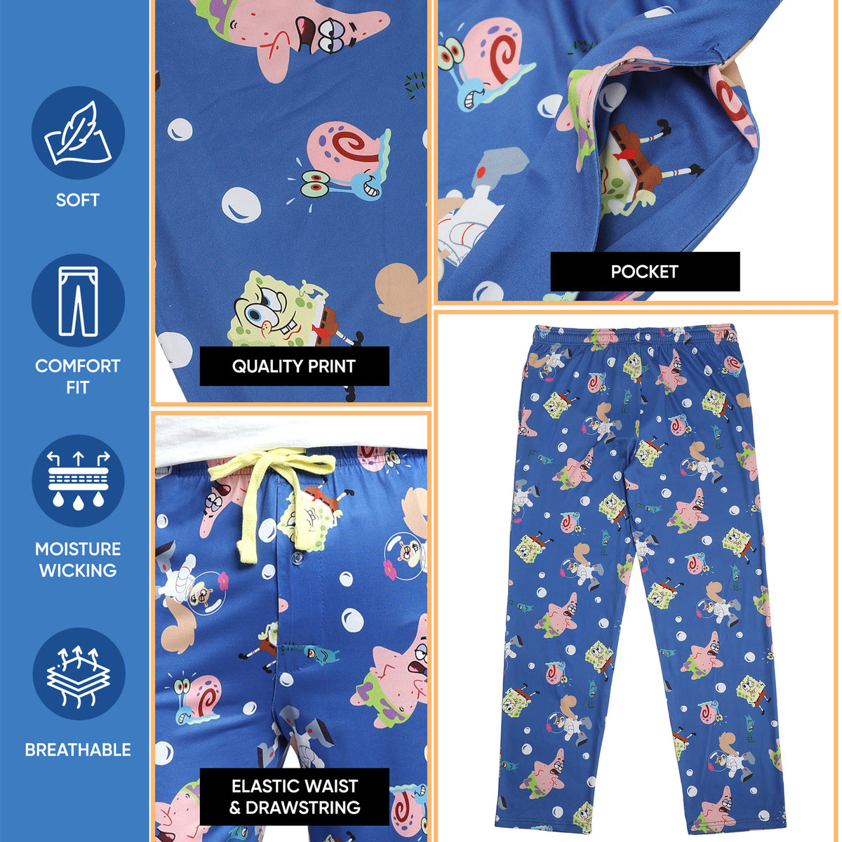 Spongebob Squarepants Characters & Bubbles Mens' Blue Sleep Pajama Pants