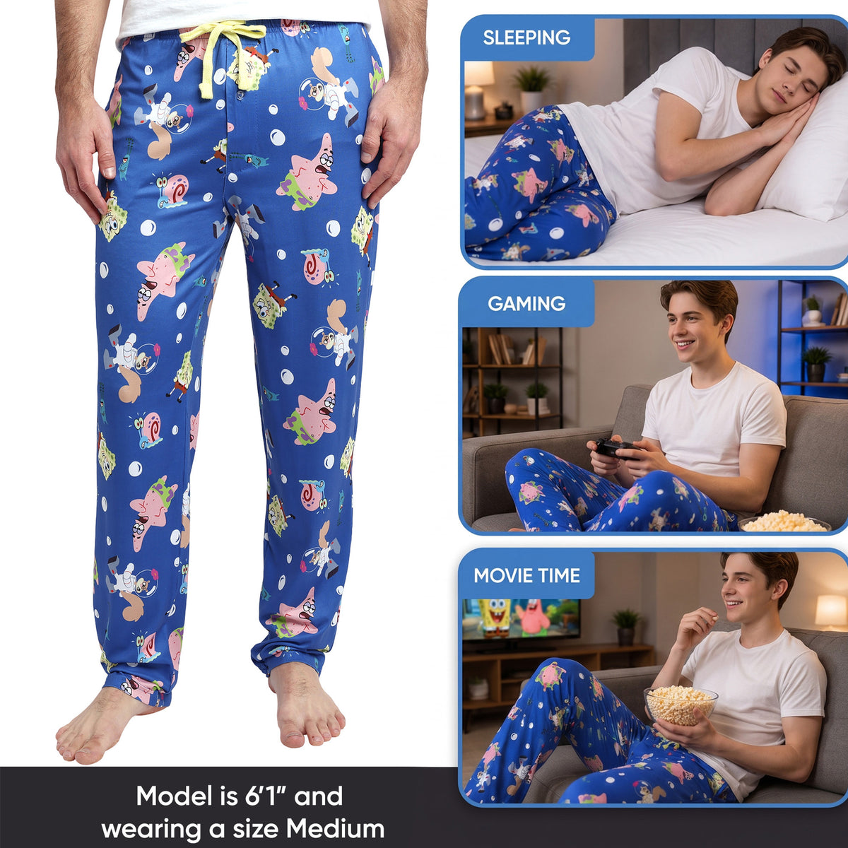 Spongebob Squarepants Characters & Bubbles Mens' Blue Sleep Pajama Pants