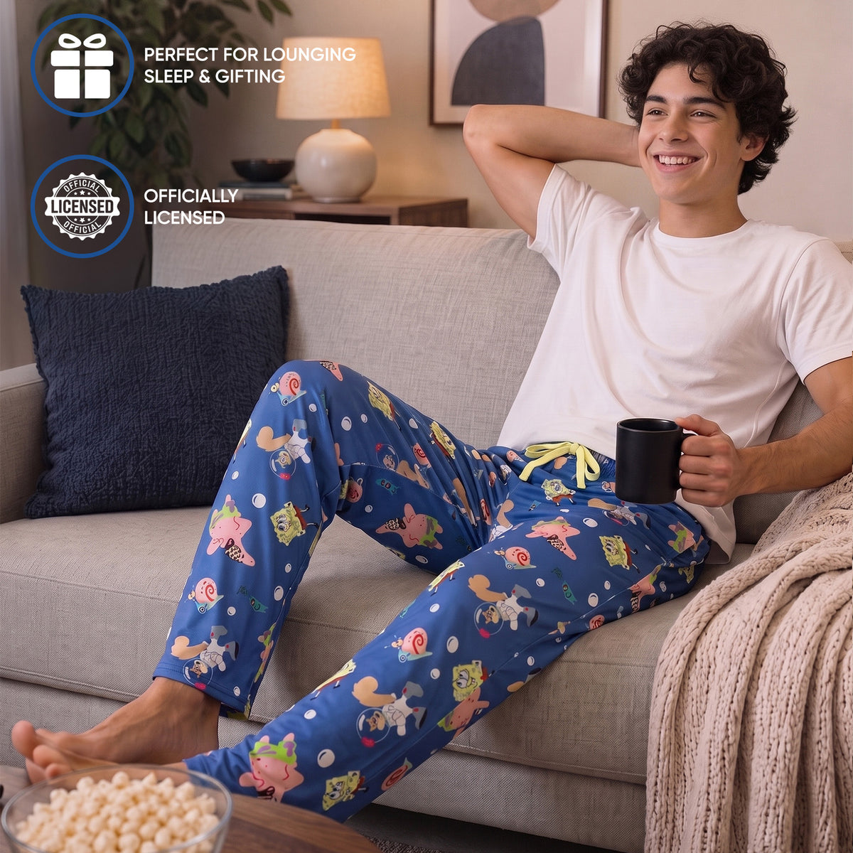 Spongebob Squarepants Characters & Bubbles Mens' Blue Sleep Pajama Pants