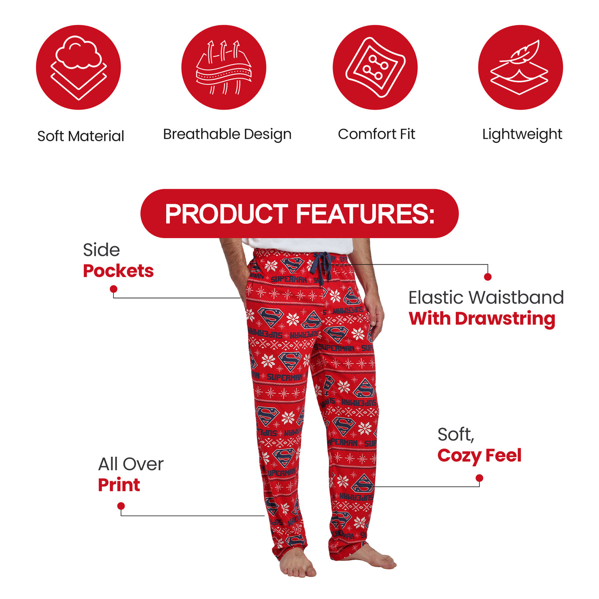 Superman All-Over Print Men's Lightweight Plush Minkey Fleece Sleep Pajama Pants