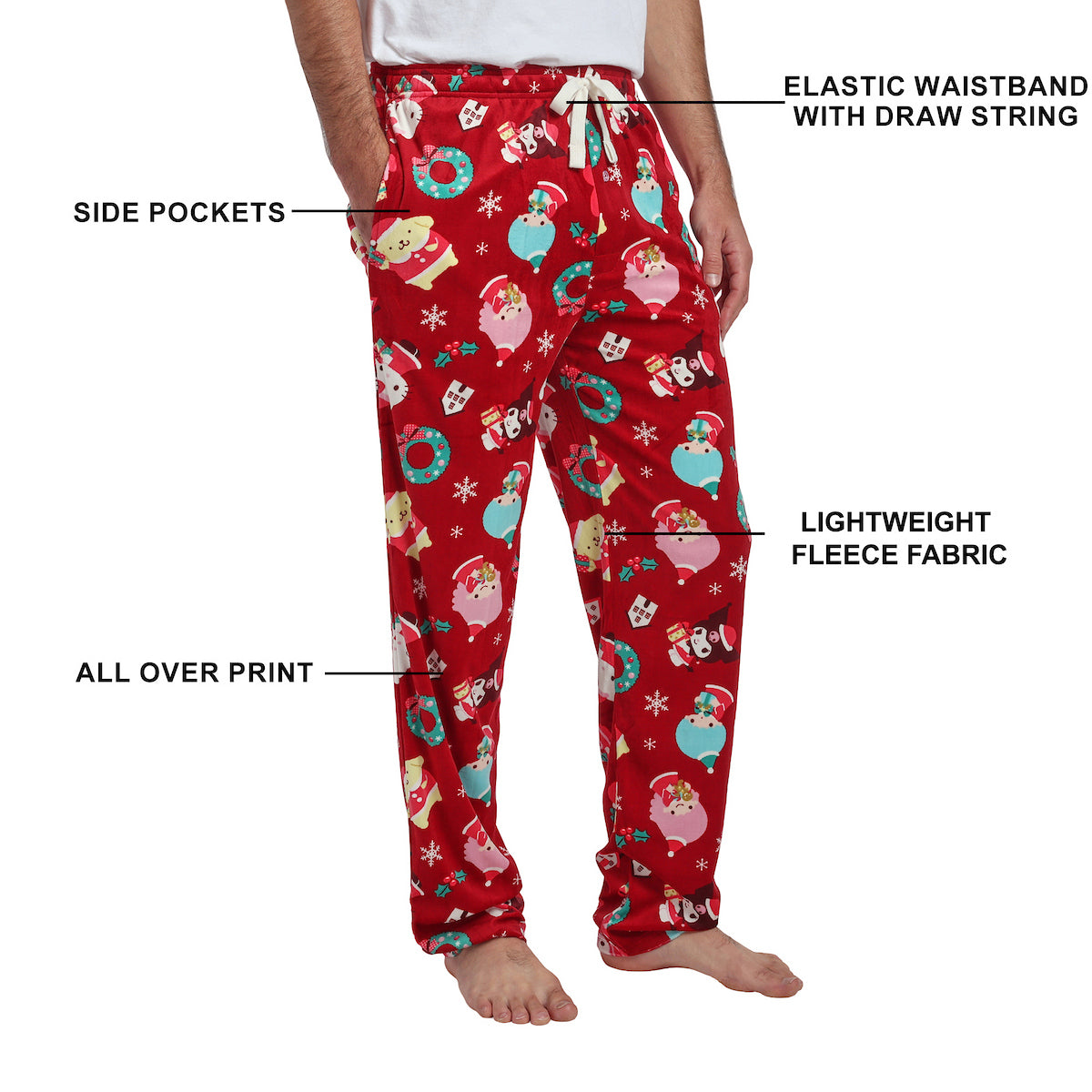 Hello Kitty & Friends Holiday All-Over Print Men's Lightweight Plush Fleece Sleep Pajama Pants
