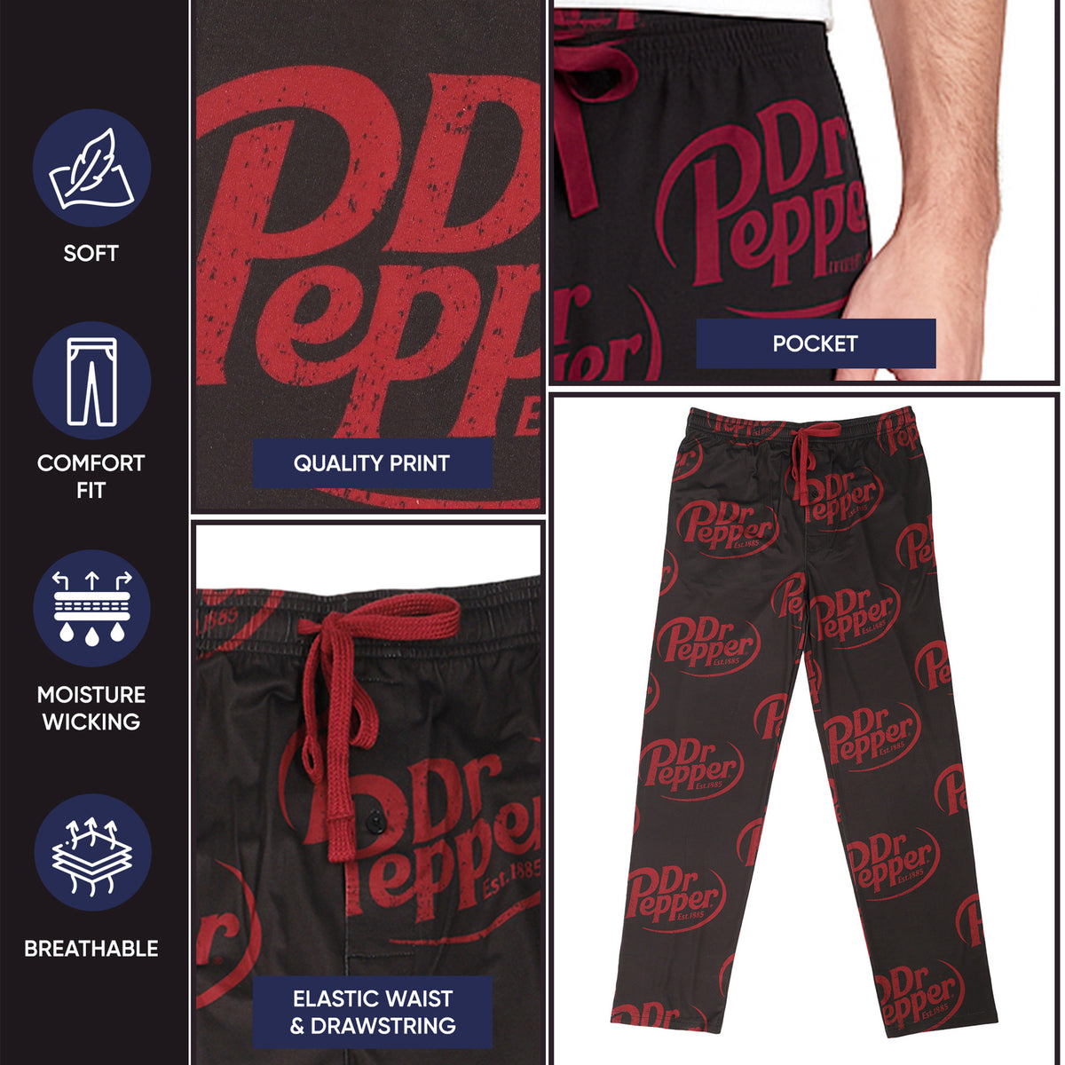 Dr Pepper Logo All-Over Print Men's Black Sleep Pajama Pants