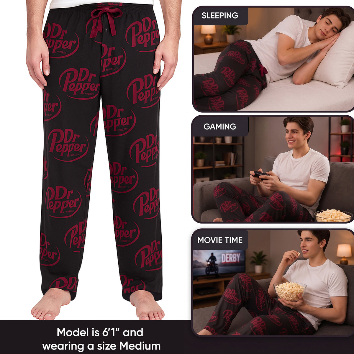 Dr Pepper Logo All-Over Print Men's Black Sleep Pajama Pants
