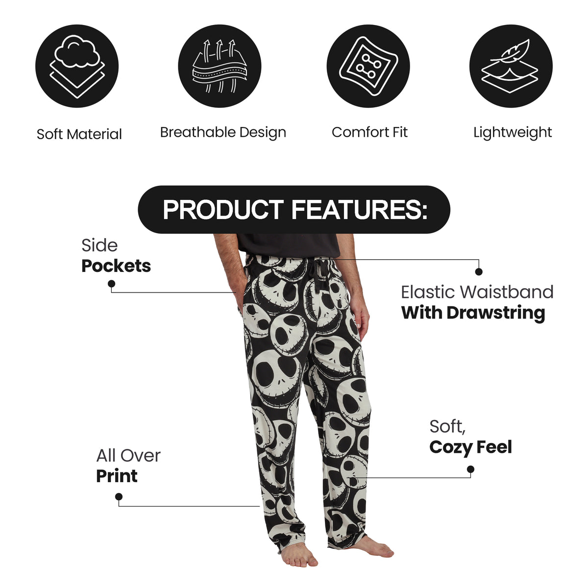 Nightmare Before Christmas Jack Skellington All-Over Print Lightweight Plush Minkey Fleece Men's Sleep Pajama Pants
