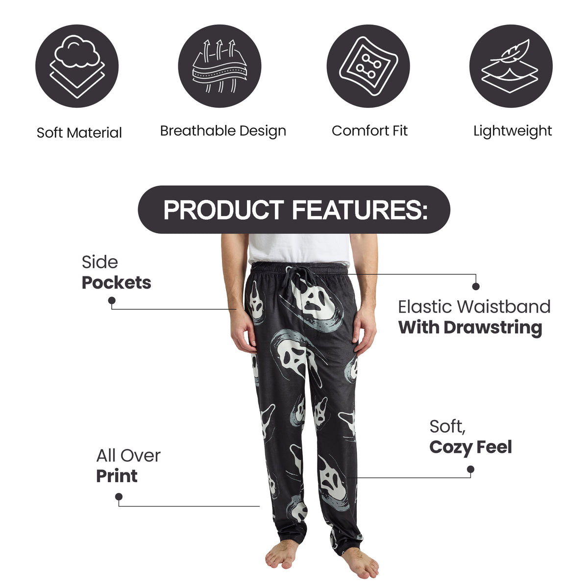 Ghostface All-Over Character Print Plush Minkey Fleece Men's Sleep Pajama Pants