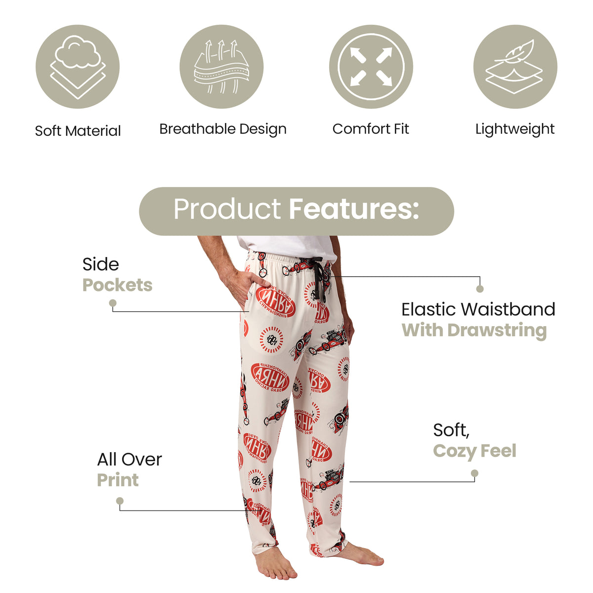 National Hot Rod Association Cars & Logo All-Over Print Men's White Sleep Pajama Pants