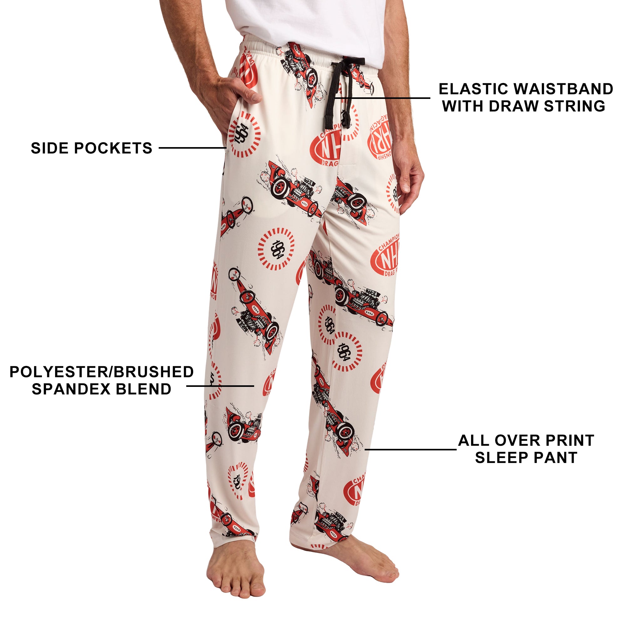 National Hot Rod Association Cars & Logo All-Over Print Men’s White Sleep Pajama Pants