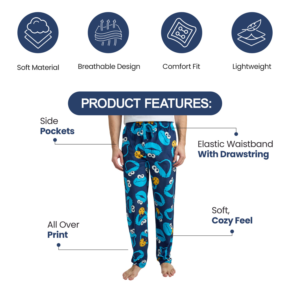 Sesame Street Cookie Monster Lightweight Plush Fleece Navy Pajama Pants