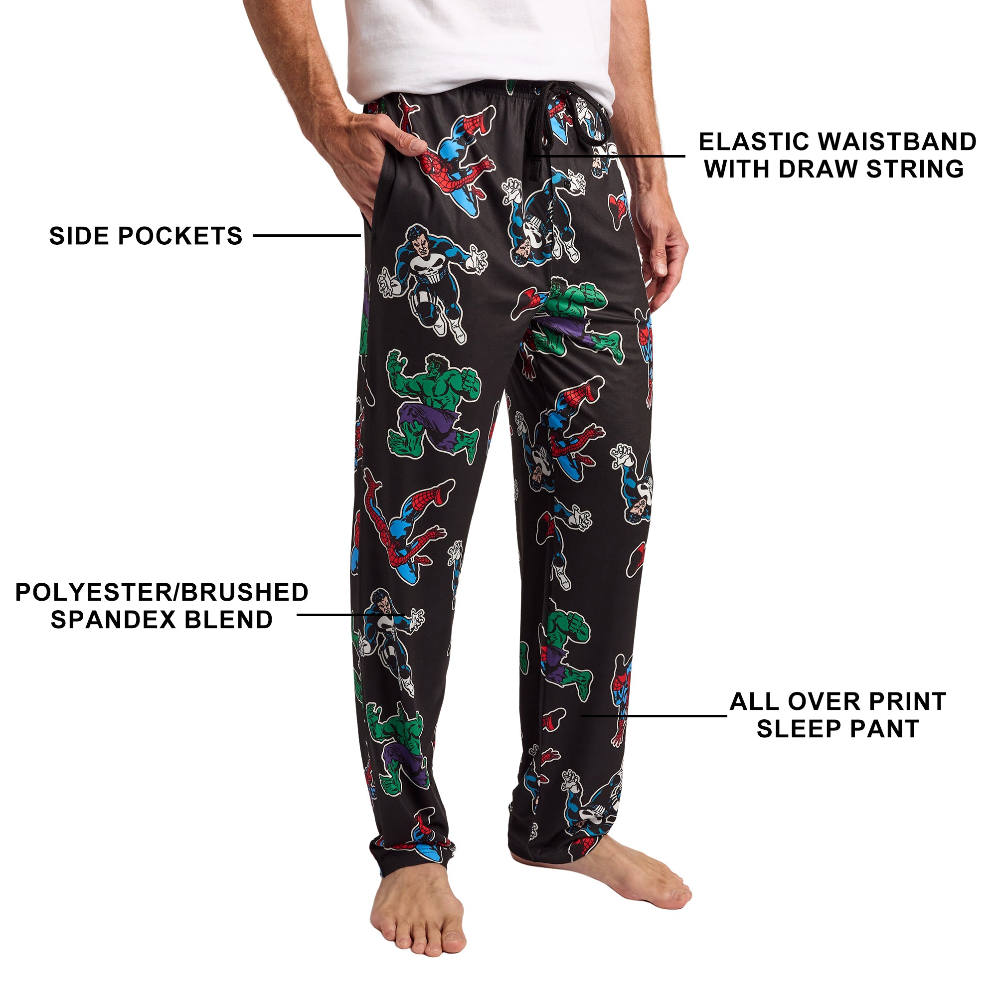 Marvel Comics Presents Spider-Man Punisher & Hulk All-Over Print Men’s Black Sleep Pajama Pants
