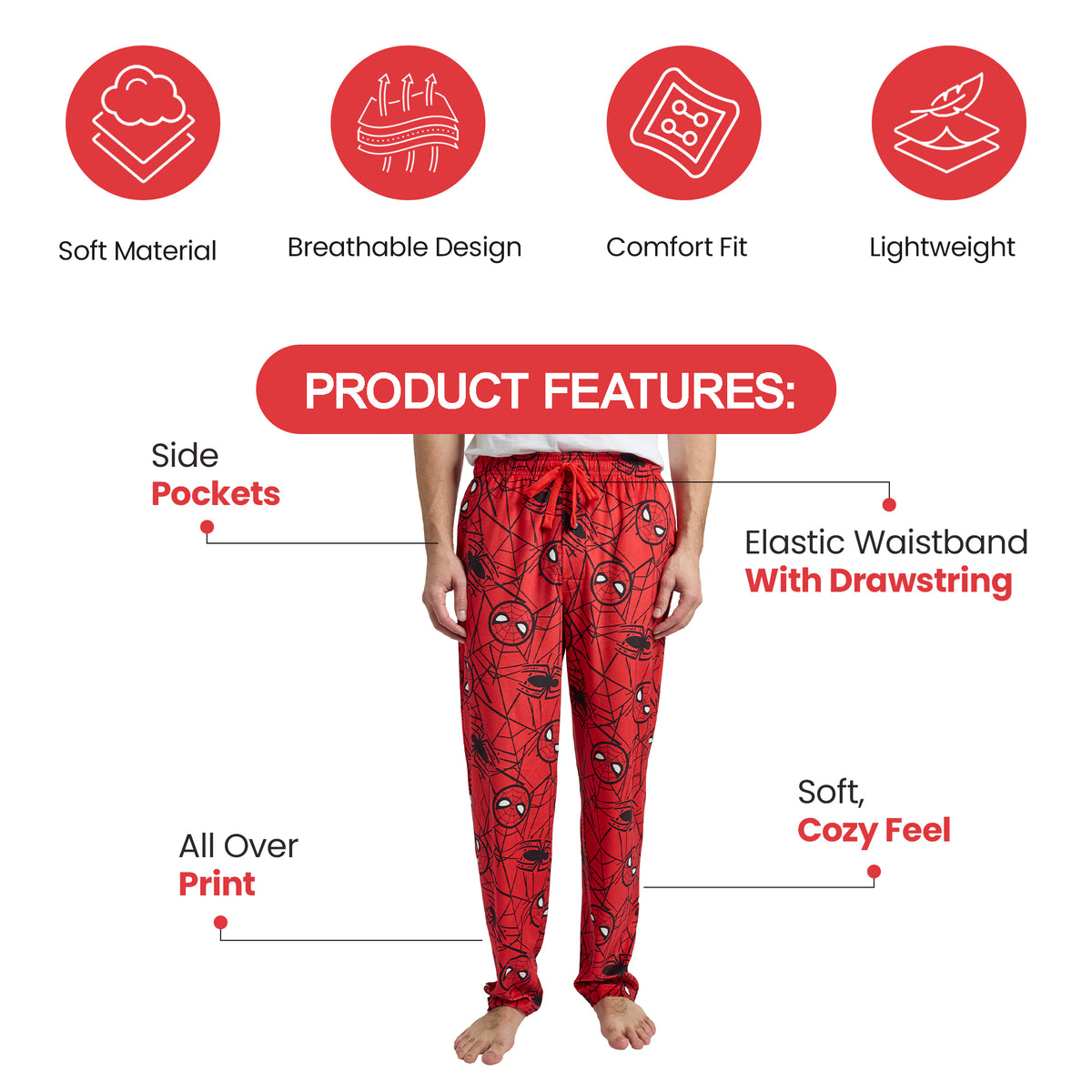 Spider-Man Classic Lightweight Plush Fleece Red Sleep Pajama Pants