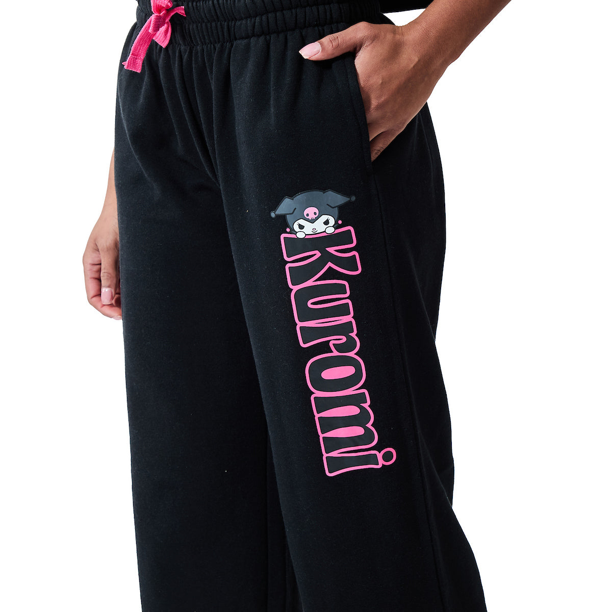 Kuromi Pink Skulls Women's Black Straight Leg Tie-Front Sweatpant Jogger