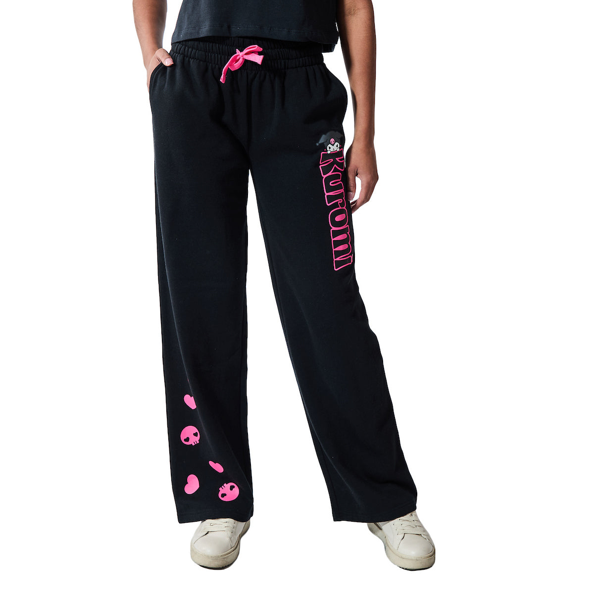 Kuromi Pink Skulls Women's Black Straight Leg Tie-Front Sweatpant Jogger
