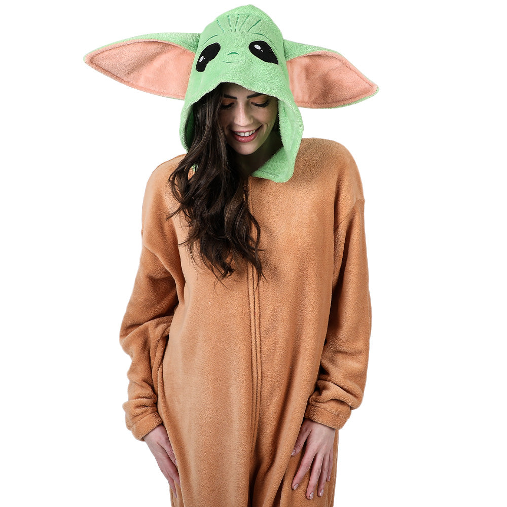 Star Wars The Mandalorian Baby Grogu Adult Hooded Kigurumi Union Suit Pajama Onesie Costume With Ears