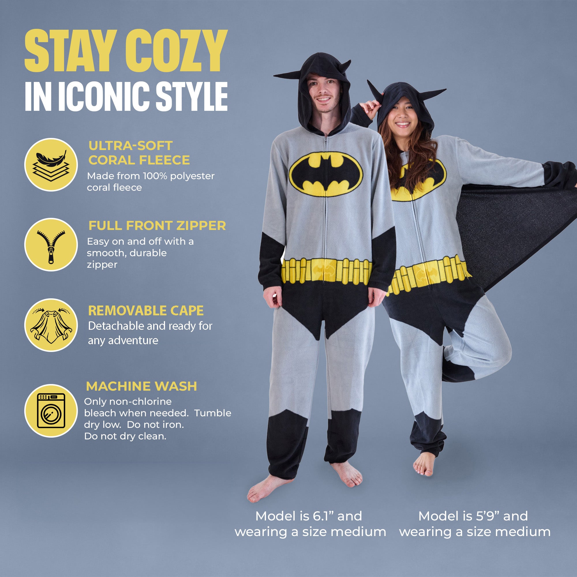 Batman Superhero Men's Onesie Costume Union Suit With Cape & Hood