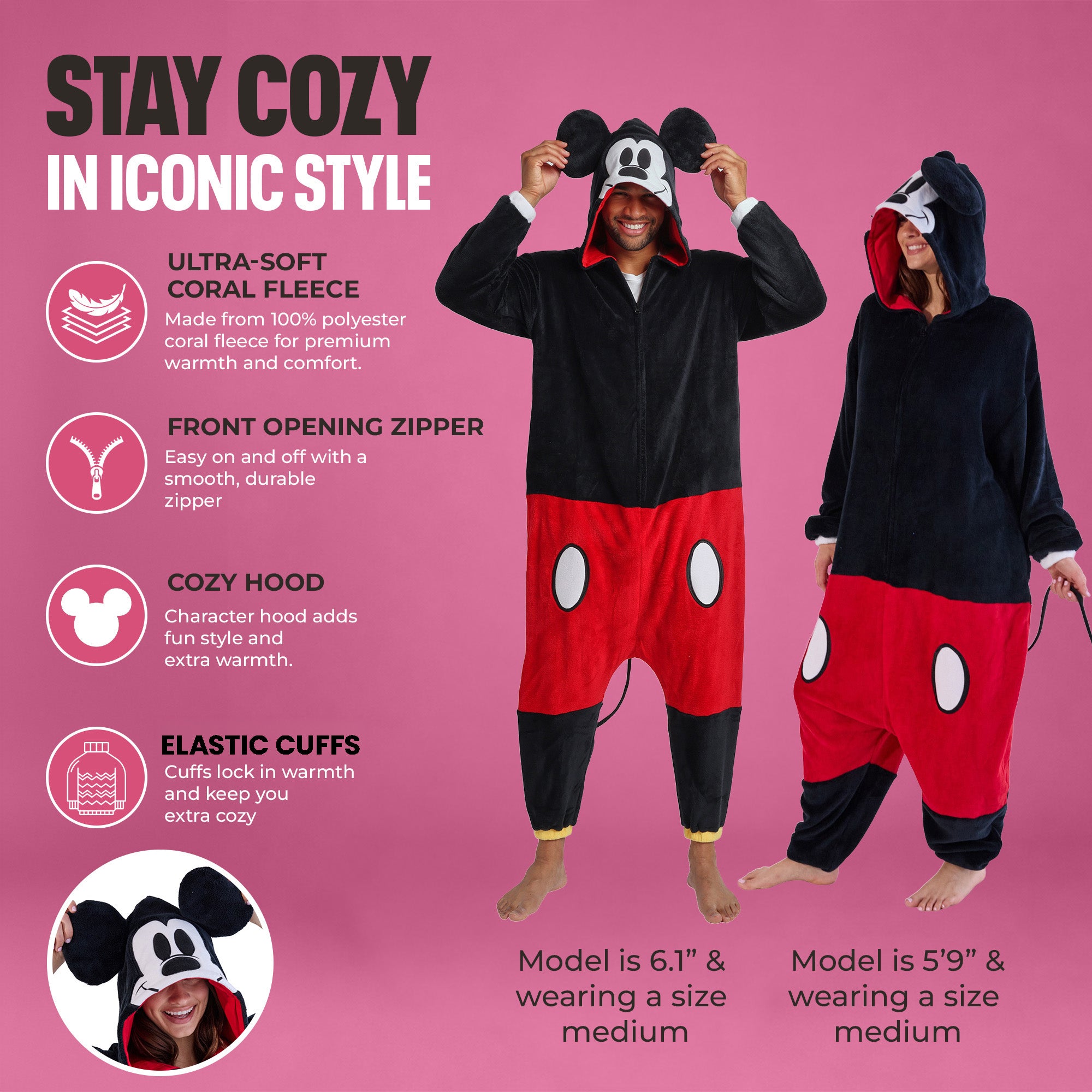 Disney Mickey Mouse Adult Long Sleeve Hooded Kigurumi Onesie Costume Cosplay Suit