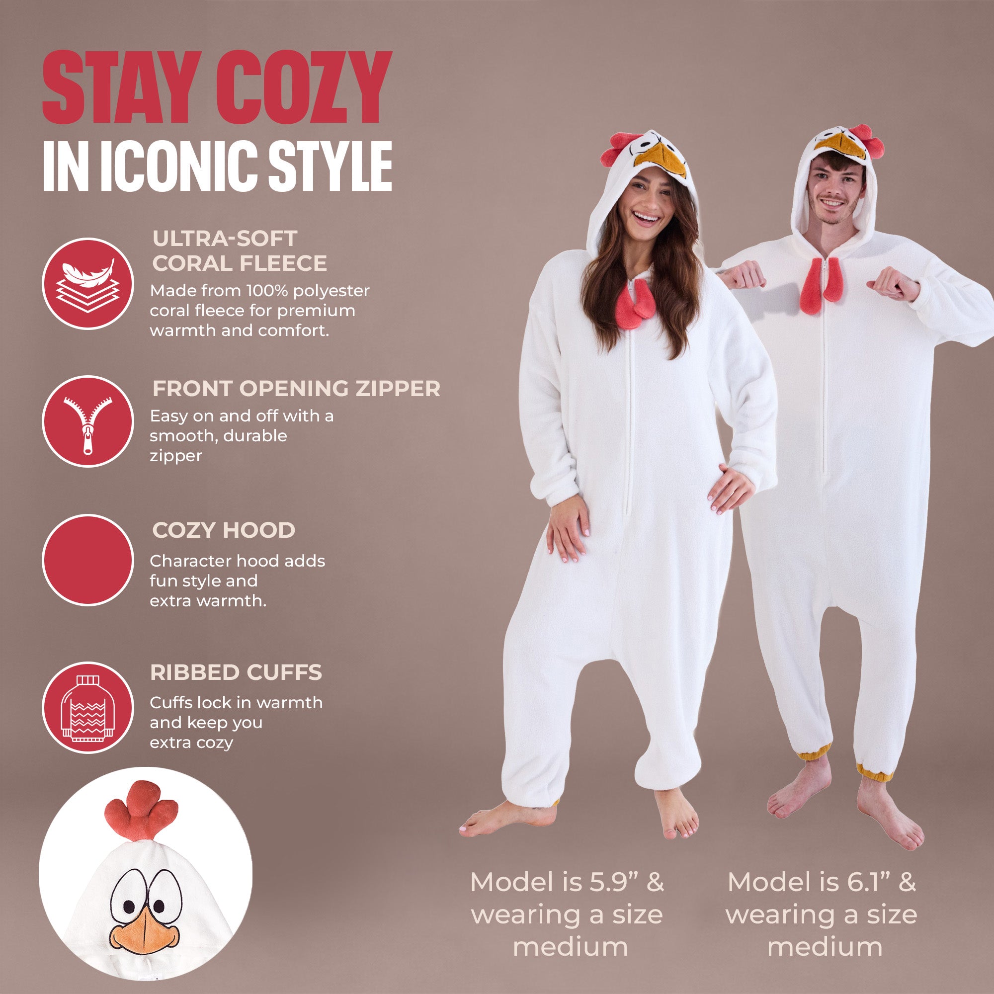 Rooster Adult White Long Sleeve Hooded Kirugumi Cosplay Onesie Costume Suit