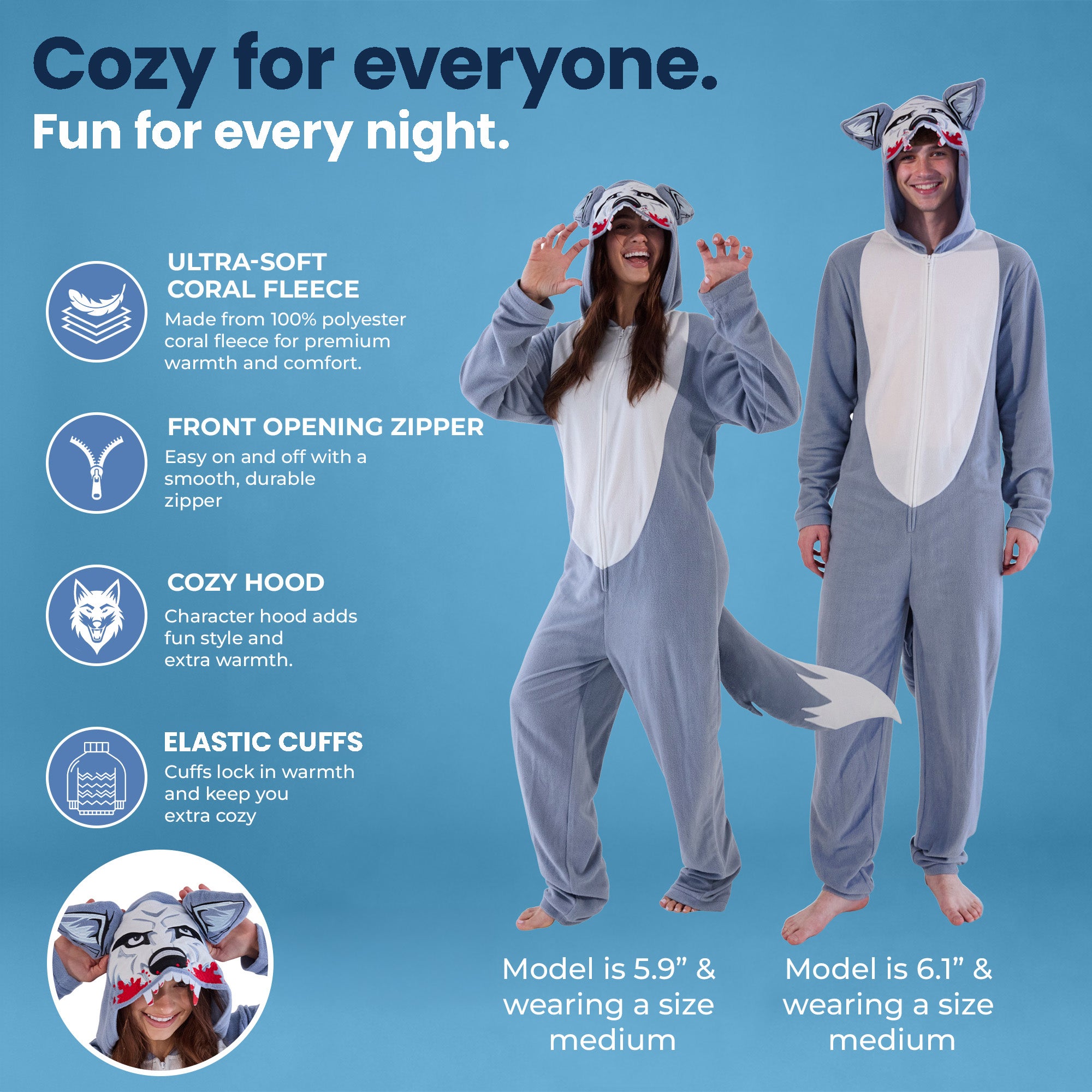 Wolf Adult Blue Long Sleeve Hooded Cosplay Onesie Costume Union Suit