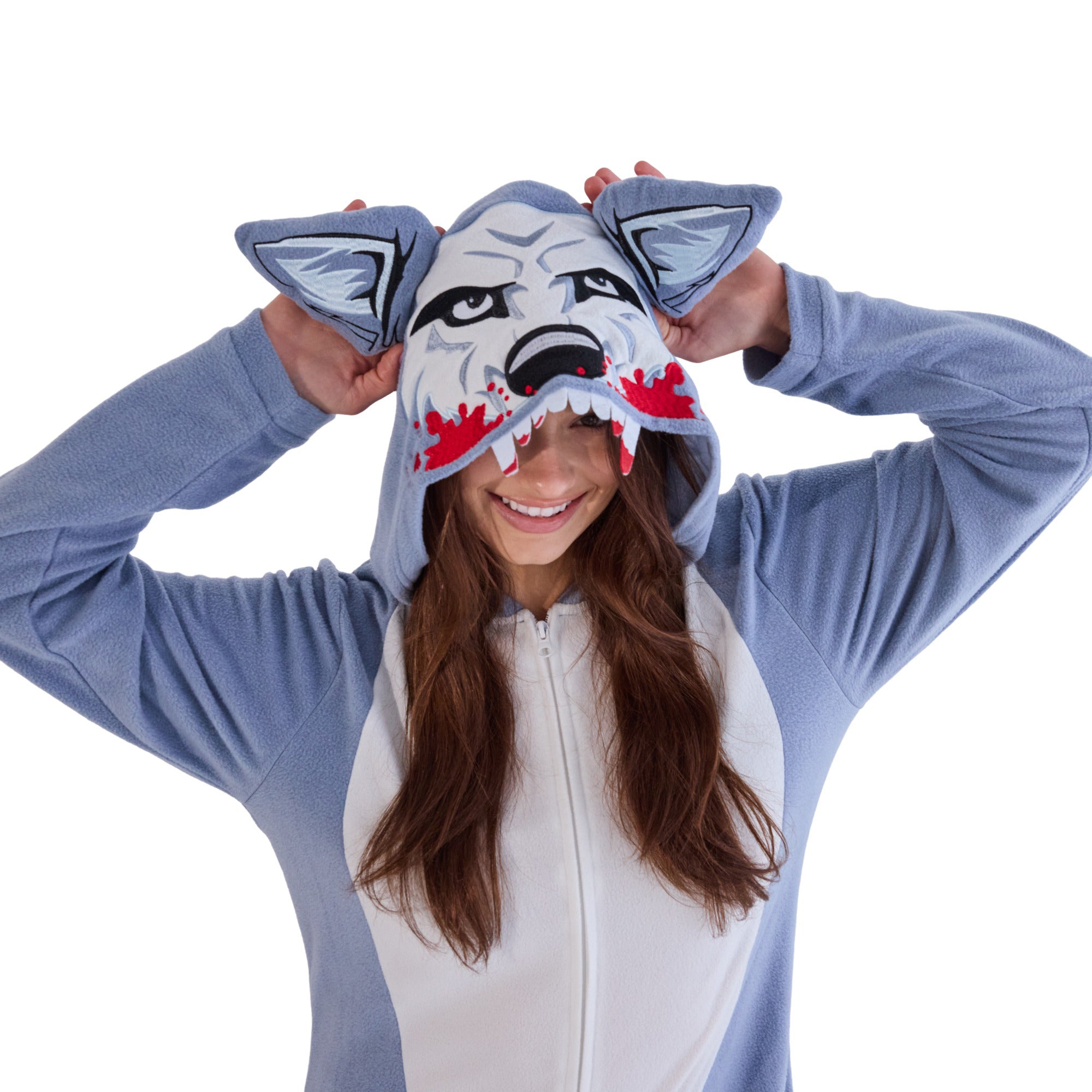 Wolf Adult Blue Long Sleeve Hooded Cosplay Onesie Costume Union Suit