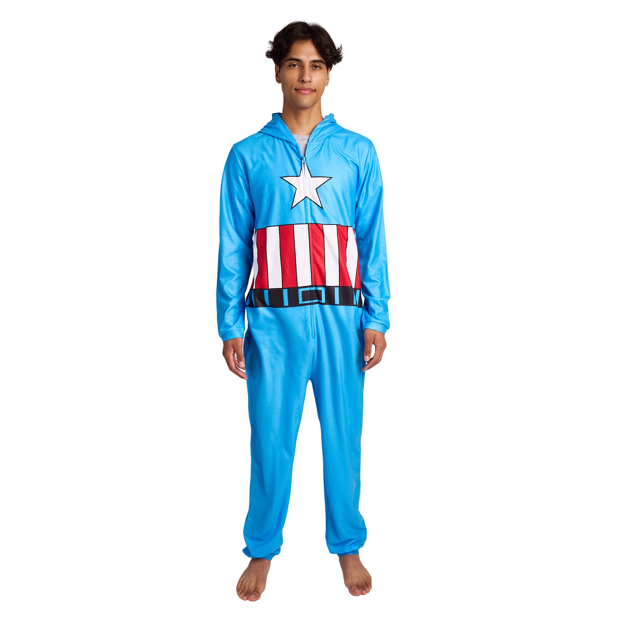 Marvel Comics Presents Captain America Adult Long Sleeve Hooded Cosplay Onesie Costume Union Suit