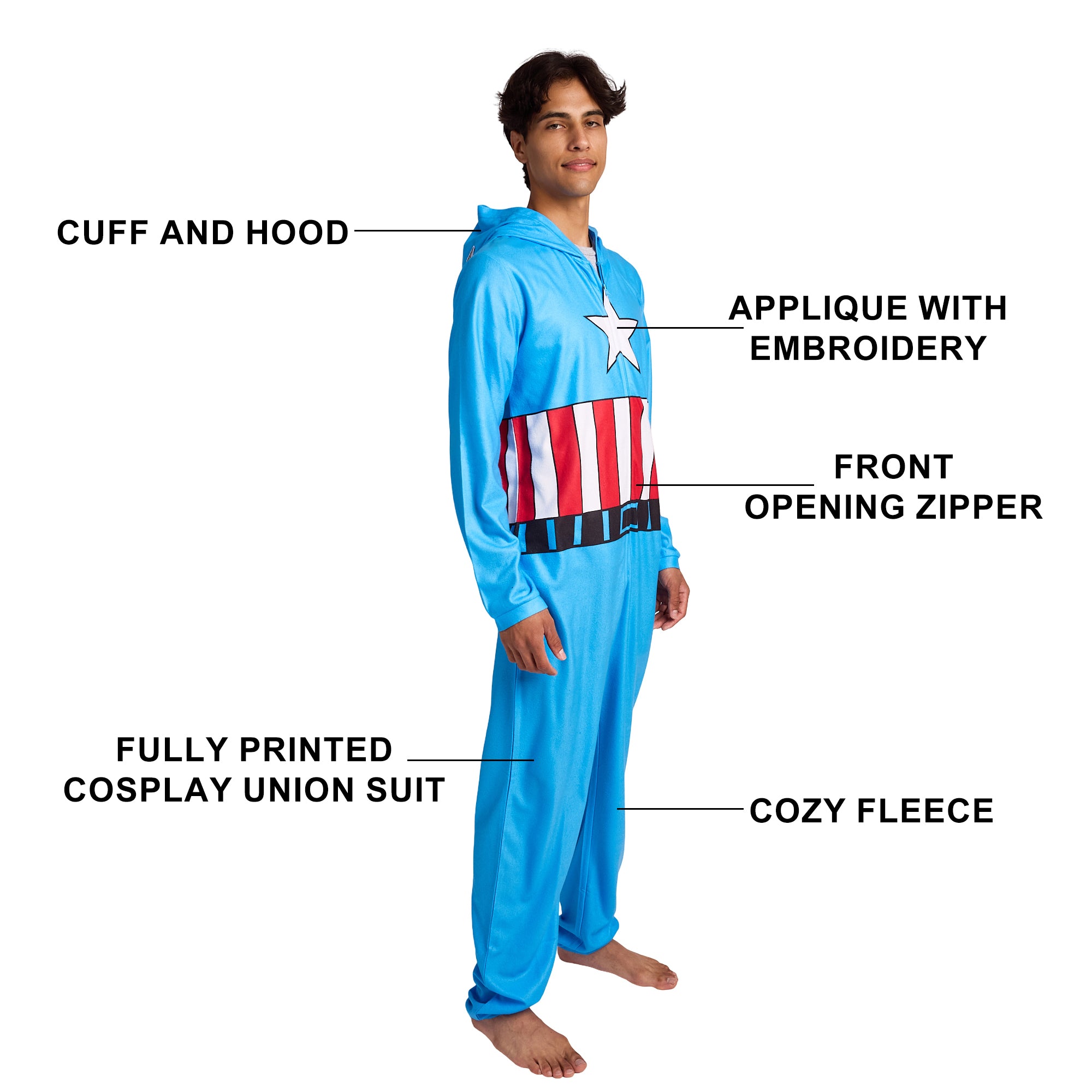 Marvel Comics Presents Captain America Adult Long Sleeve Hooded Cosplay Onesie Costume Union Suit
