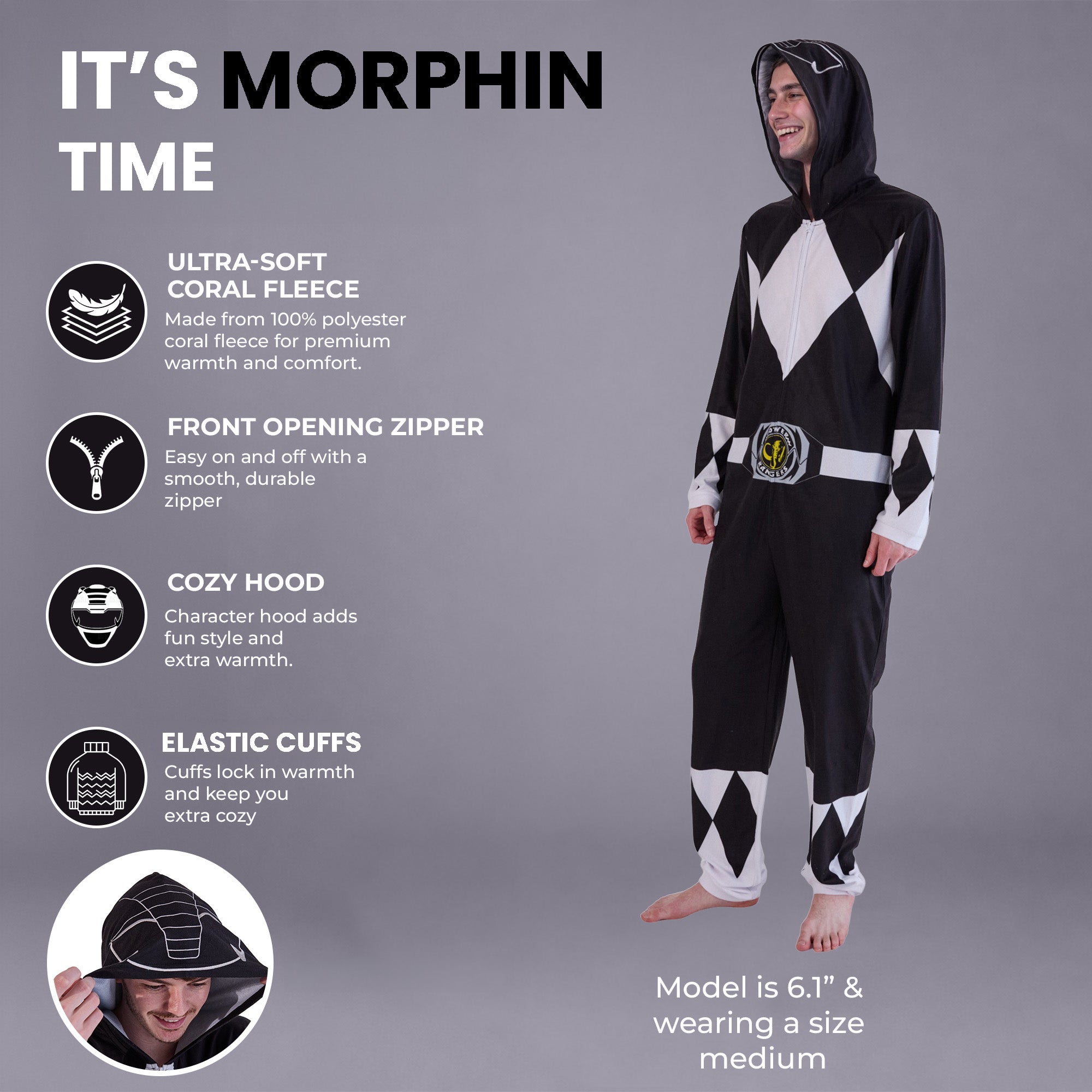 Power Rangers Black Ranger Adult Long Sleeve Hooded Cosplay Onesie Costume Union Suit