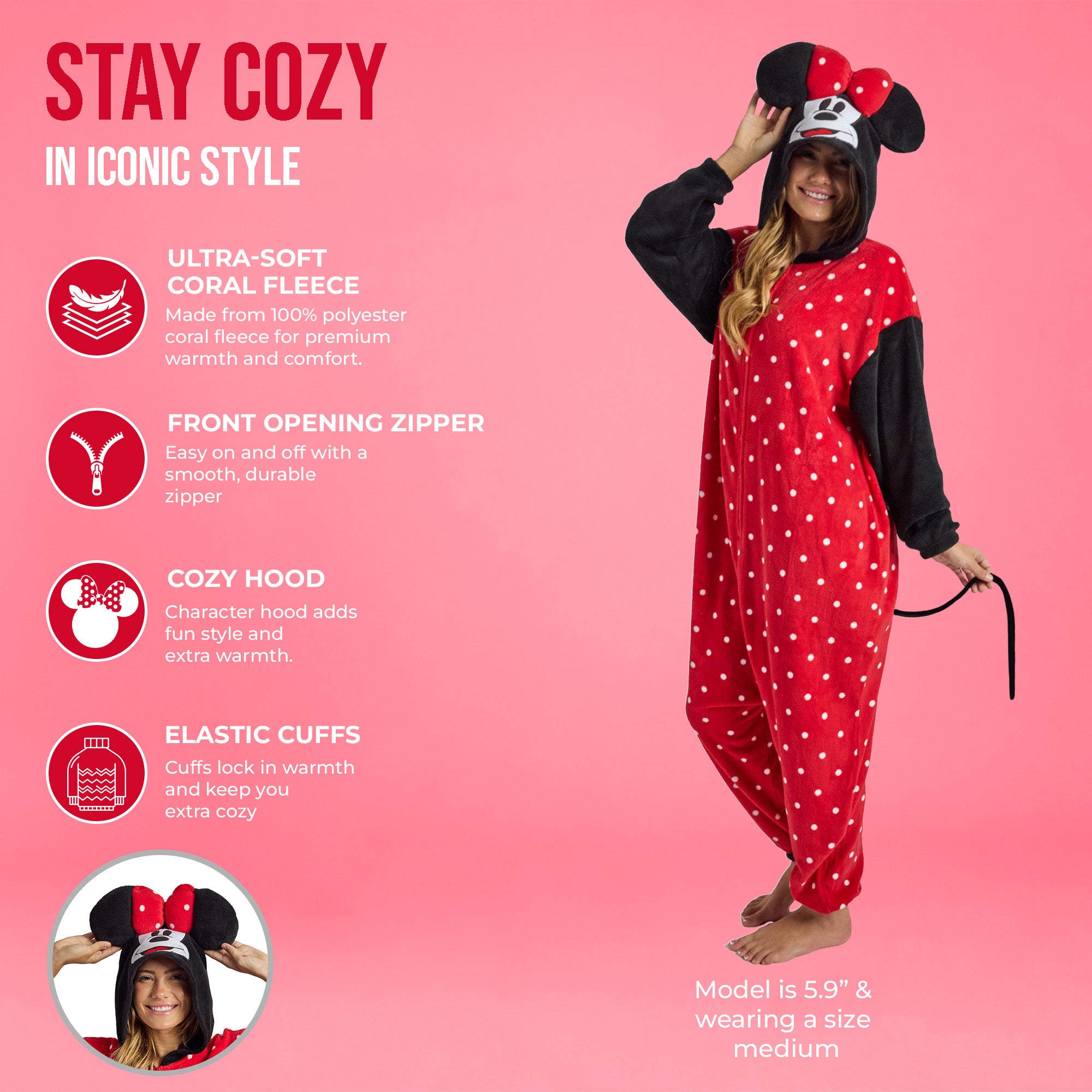 Minnie Mouse Adult Cosplay Union Suit With Cuffs And Hood