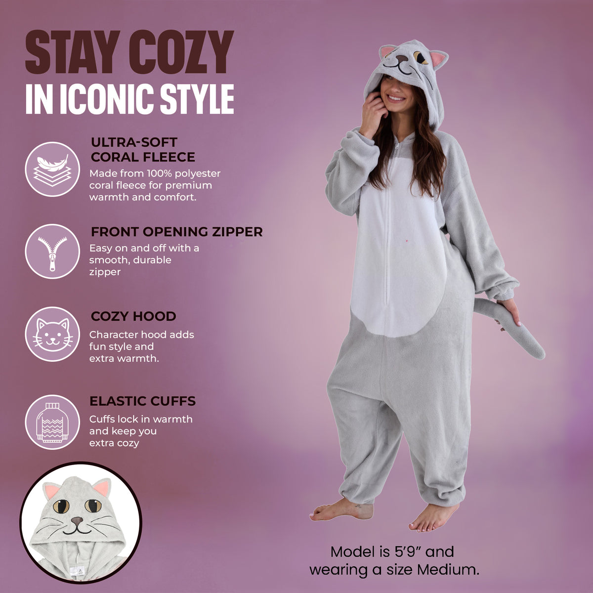 Cat Adult Gray Long Sleeve Hooded Kigurumi Cosplay Suit