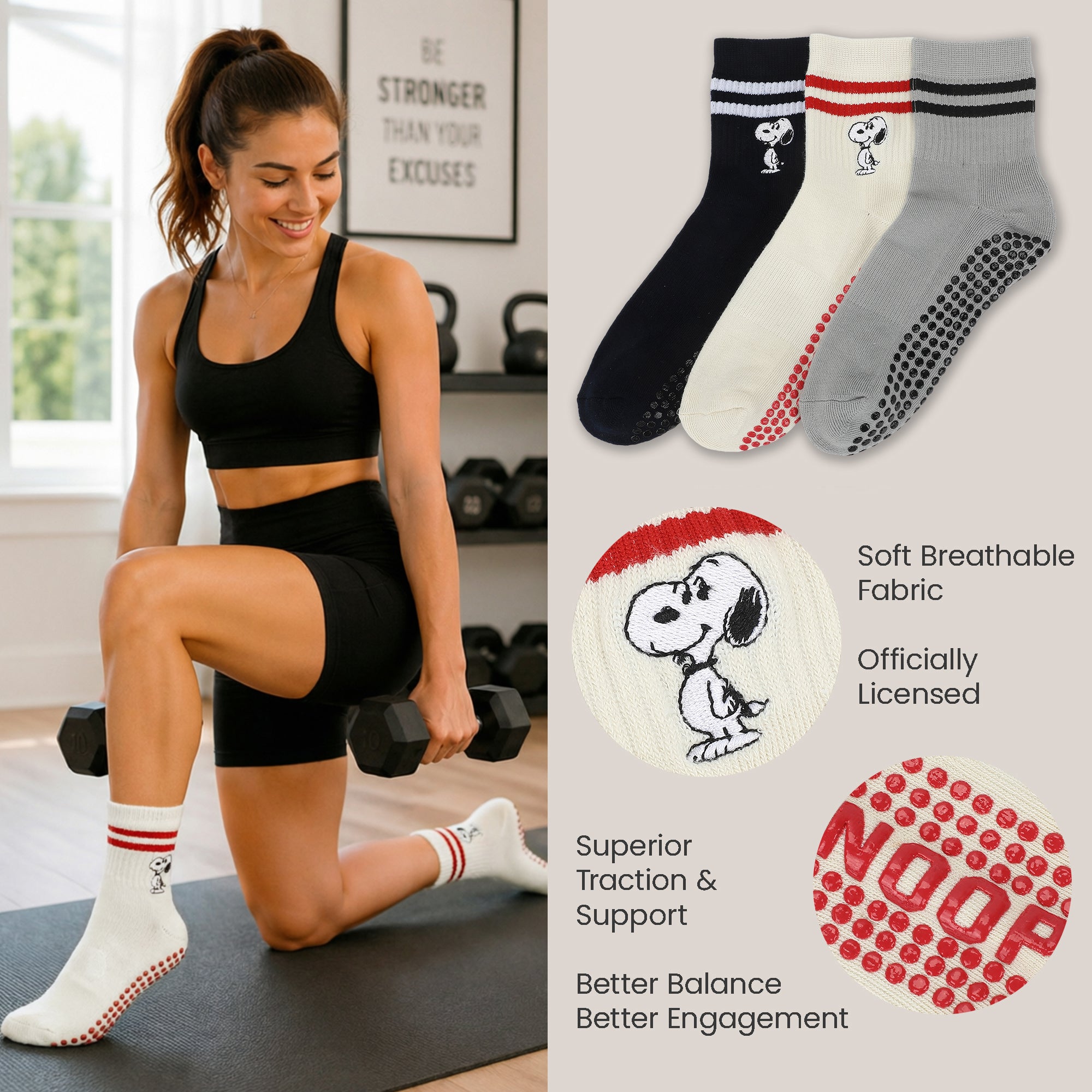 Peanuts Snoopy Women’s 3-Pair Pack Plate Grip Quarter Crew Socks