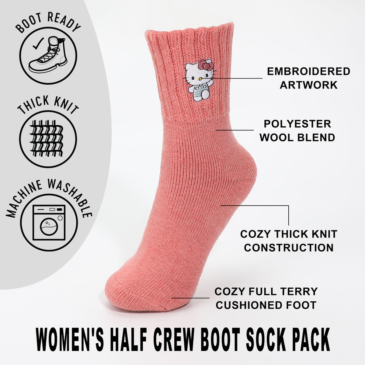 Hello Kitty Embroidered Quarter Crew Socks for Women Pink White