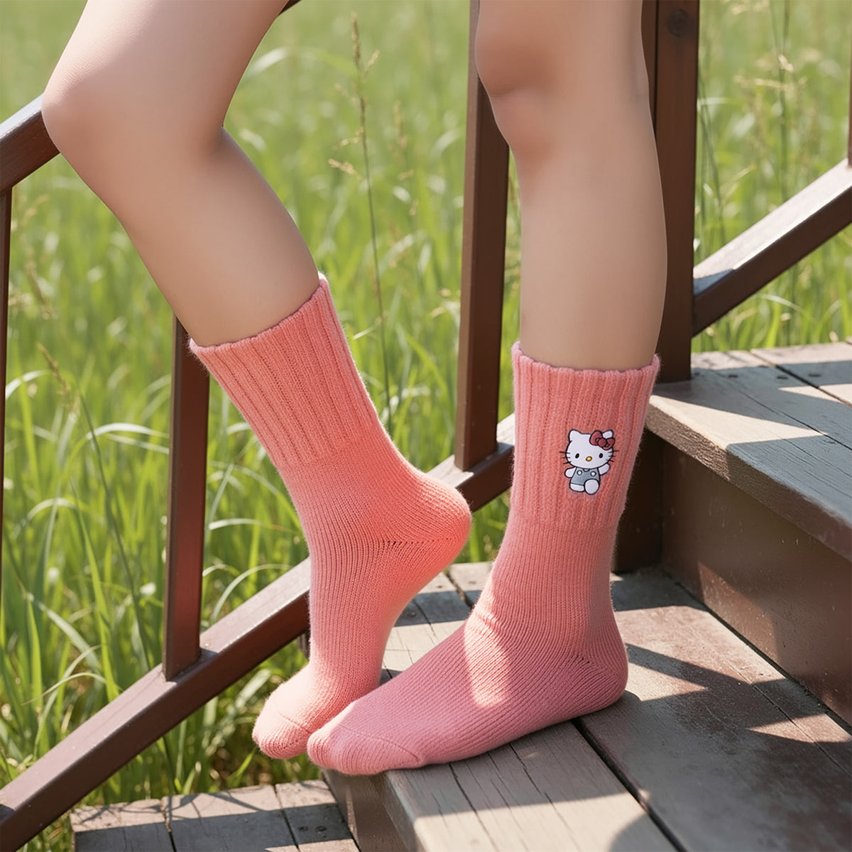 Hello Kitty Embroidered Quarter Crew Socks for Women Pink White