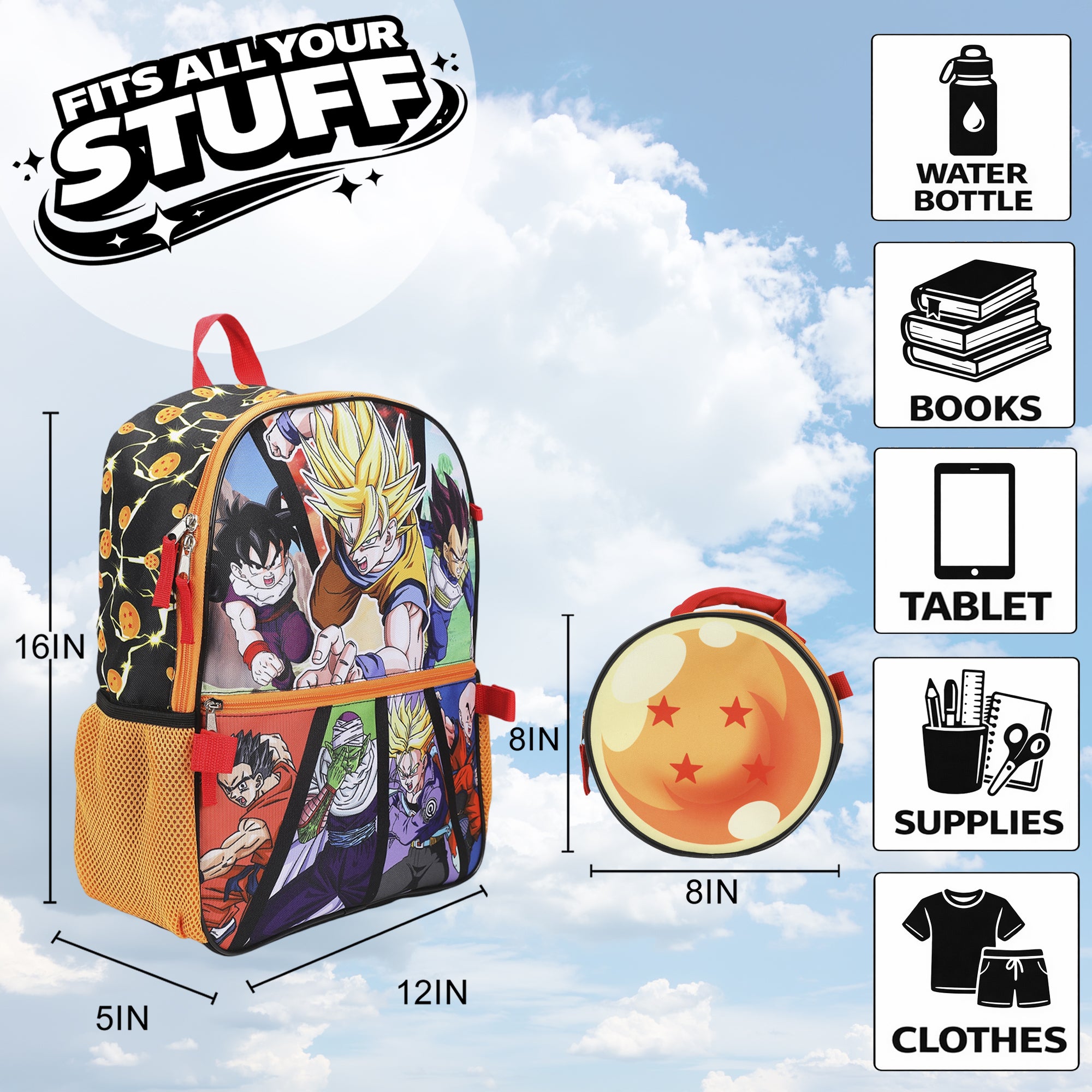 Dragon Ball Z Anime Heros 5-Piece 16" Backpack Set for Boys