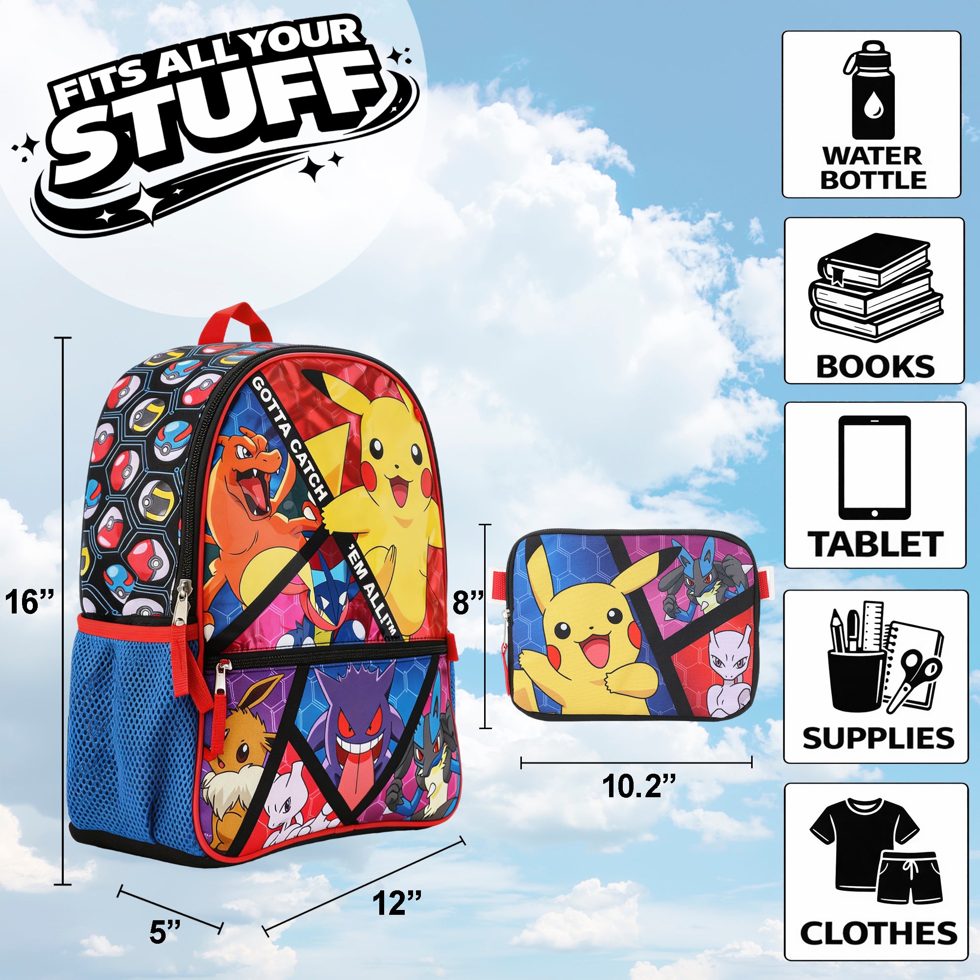 Pokemon Poke Balls & Character Print 5-Piece 16" Backpack Set for Boys