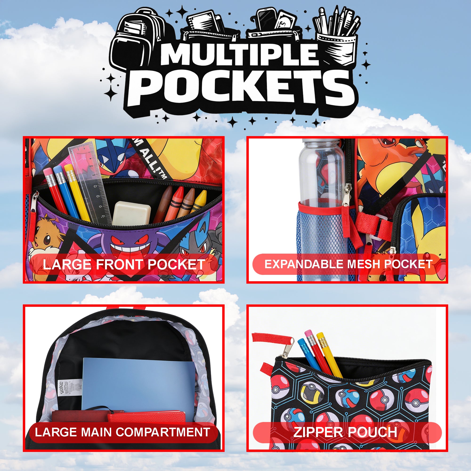 Pokemon Poke Balls & Character Print 5-Piece 16" Backpack Set for Boys