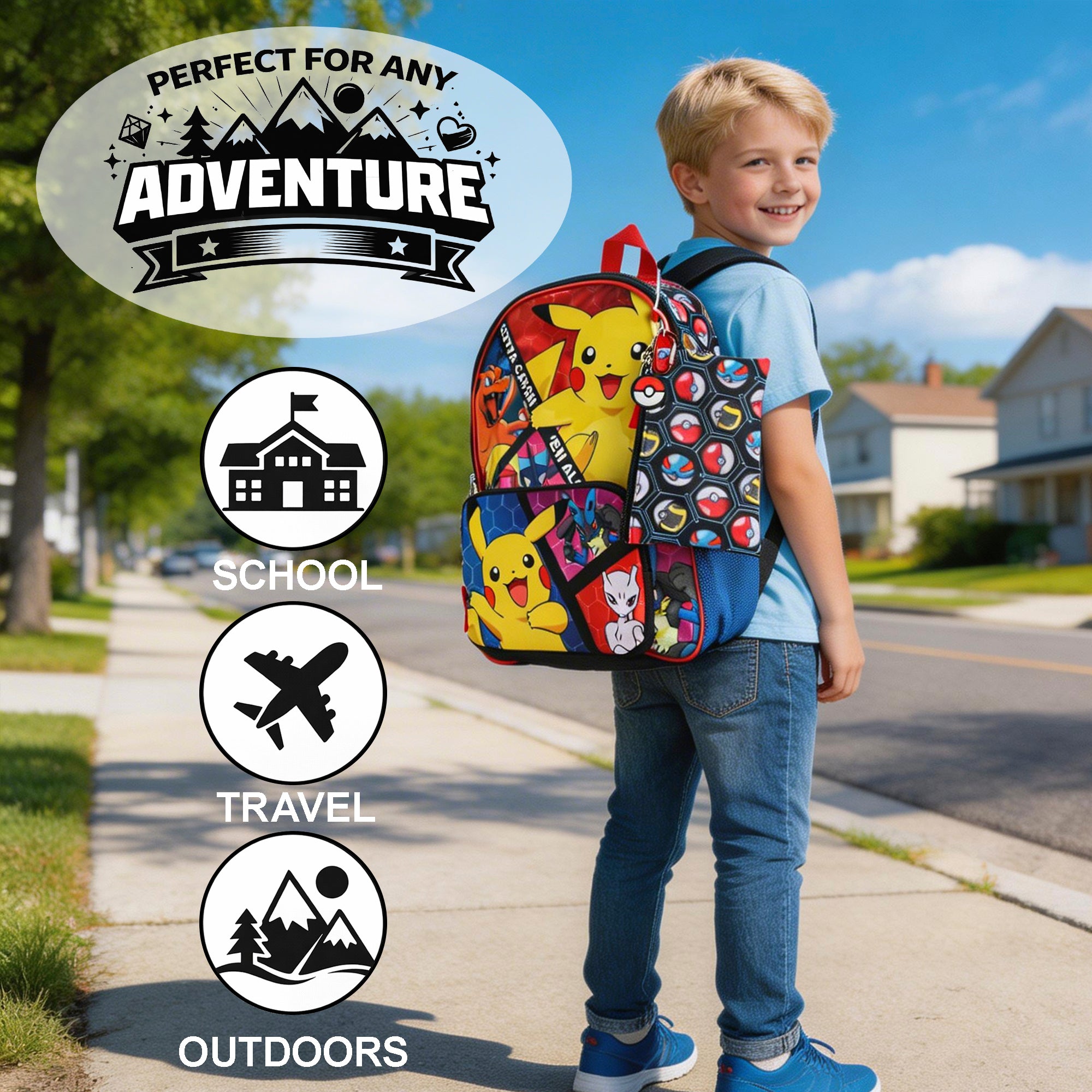 Pokemon Poke Balls & Character Print 5-Piece 16" Backpack Set for Boys