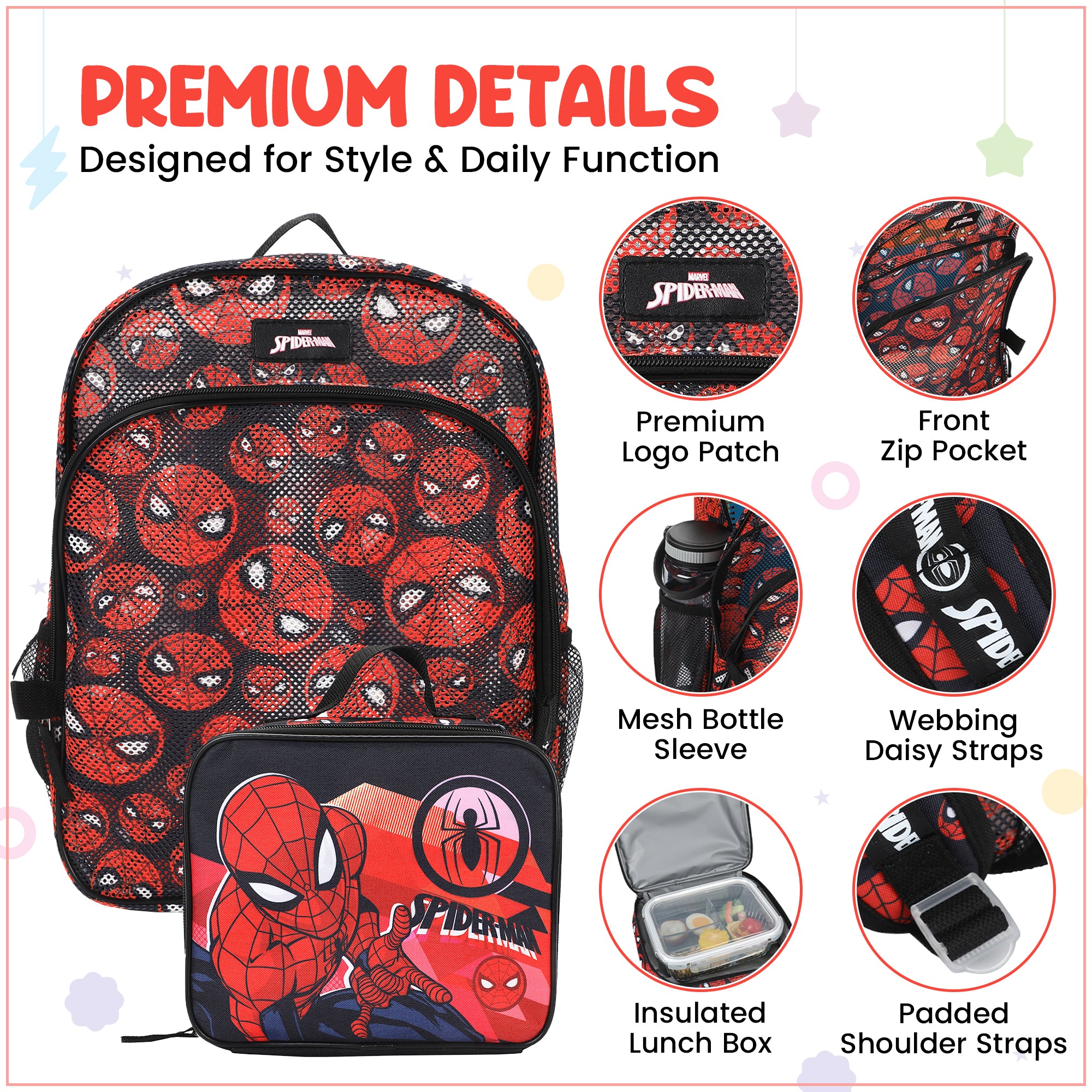 Spider-Man Classic Printed Mesh 16" Youth Backpack with Lunch Kit
