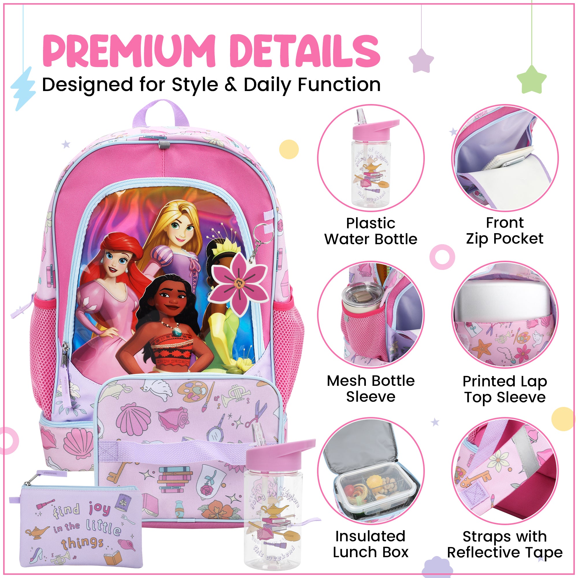 Disney Princess Favorite Characters 5-Piece 17” Backpack And Lunch Set For School & Travel
