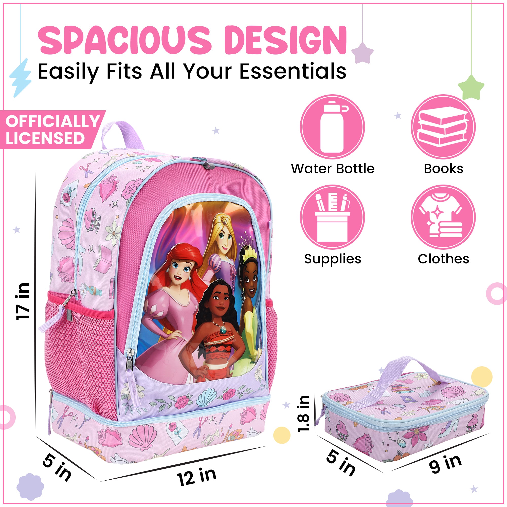 Disney Princess Favorite Characters 5-Piece 17” Backpack And Lunch Set For School & Travel
