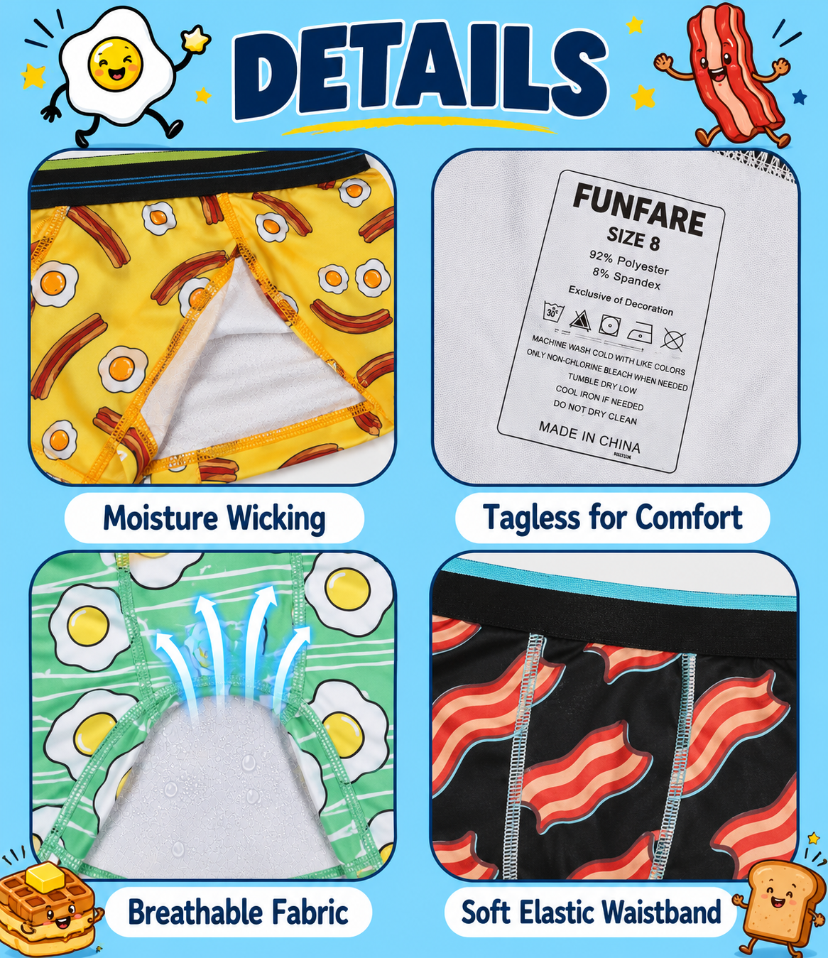 FUNFARE Underwear Breakfast Foods Boy's 5-Pack Boxer Briefs